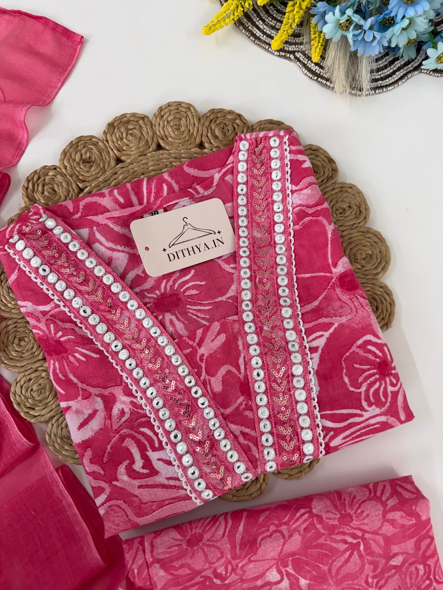 K341 - Cotton embroidered straight Kurti with pants and dupatta