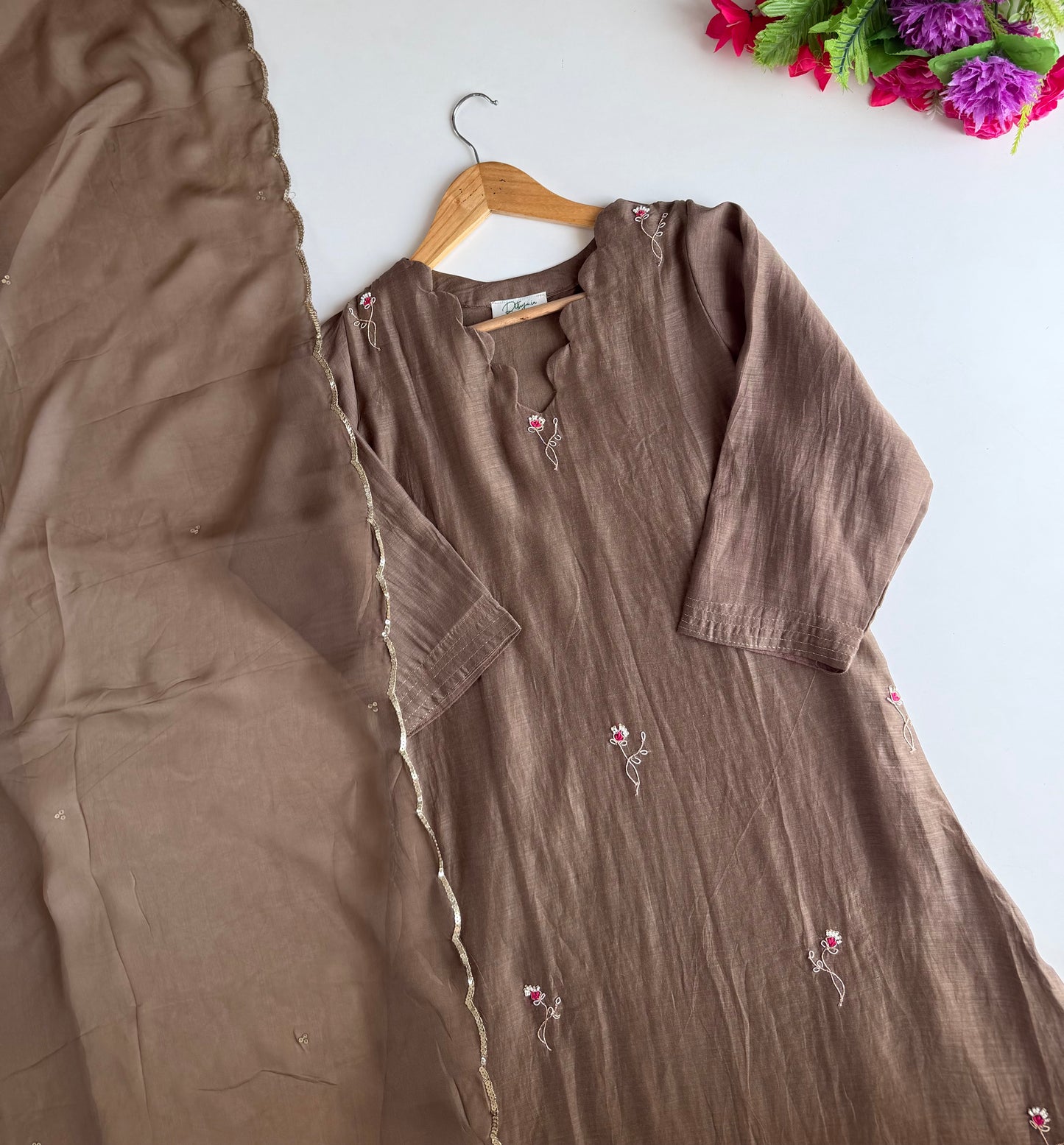 K469 - Mul chanderi handwork Aline Kurti with pants and dupatta in 2 colours