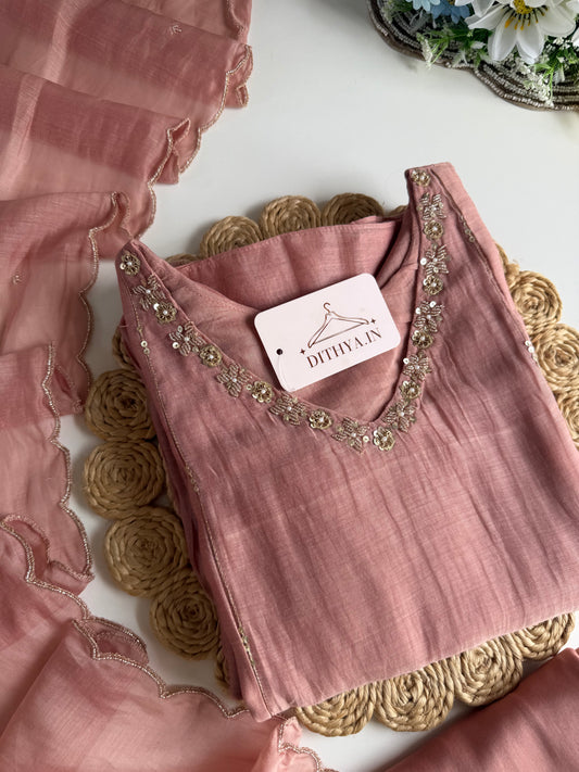 K211 - Mul chanderi handwork Anarkali with pants and dupatta