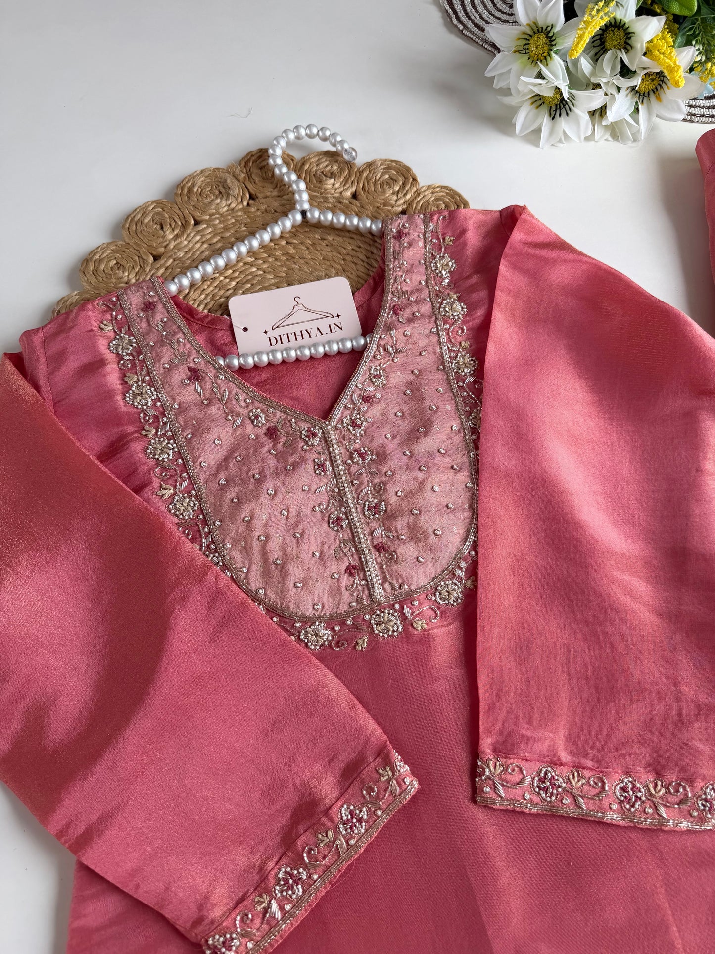 K179 - Tissue silk handwork short Kurti with divider pants