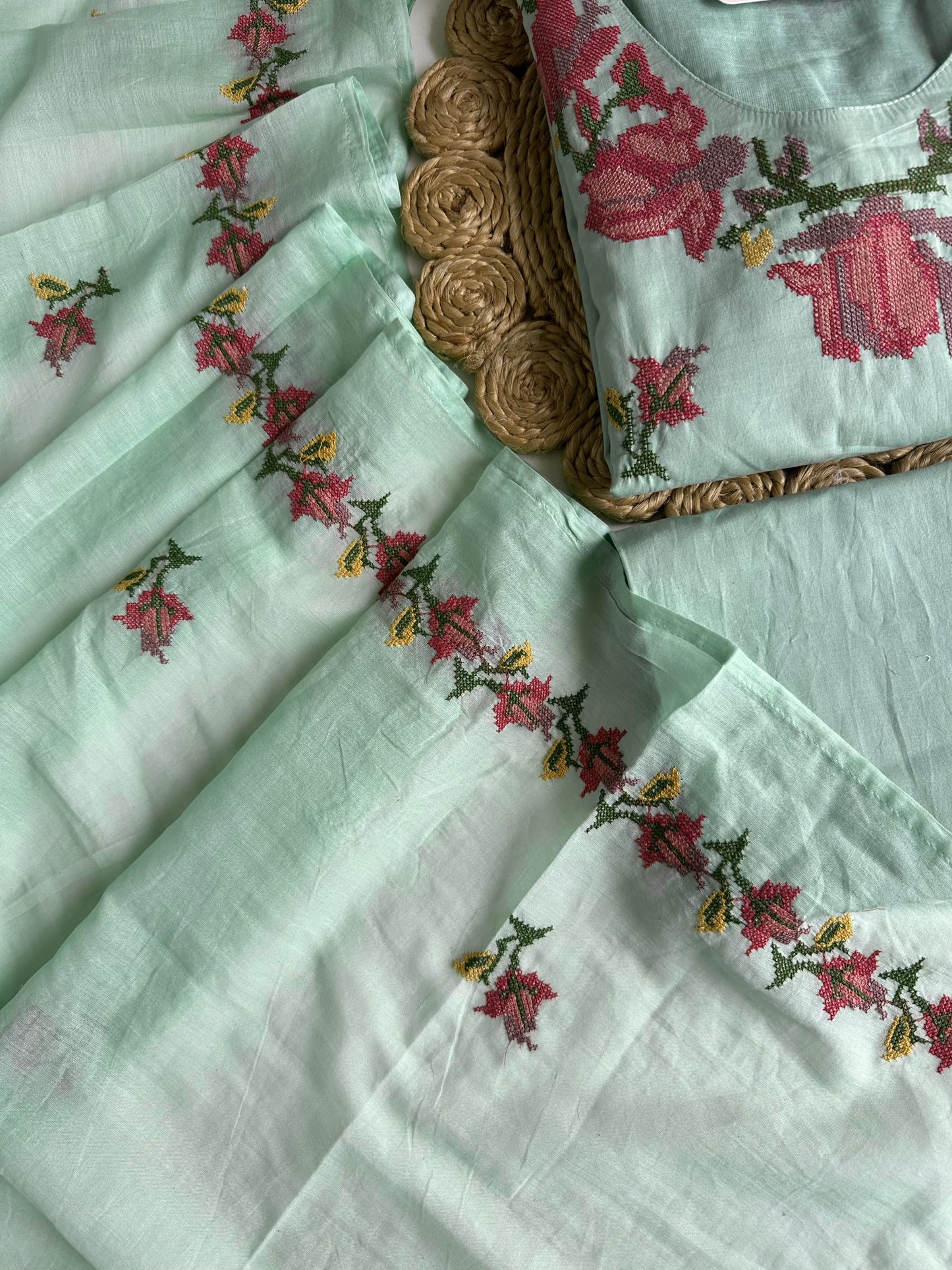 K145 - Mul cotton cross stitch Aline Kurti  with pants and dupatta