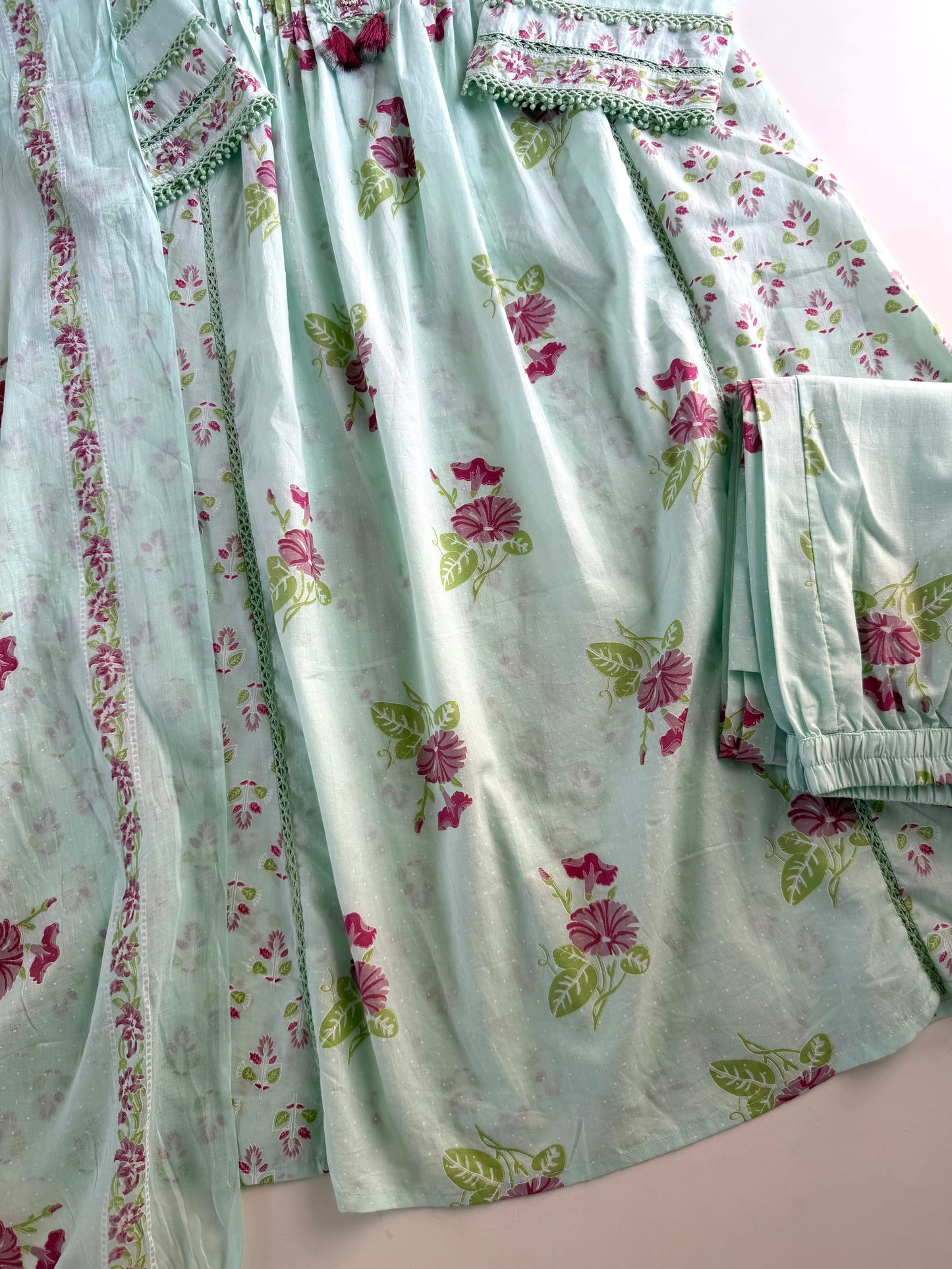 K059 - Mul cotton embroidered Anarkali with pants and dupatta