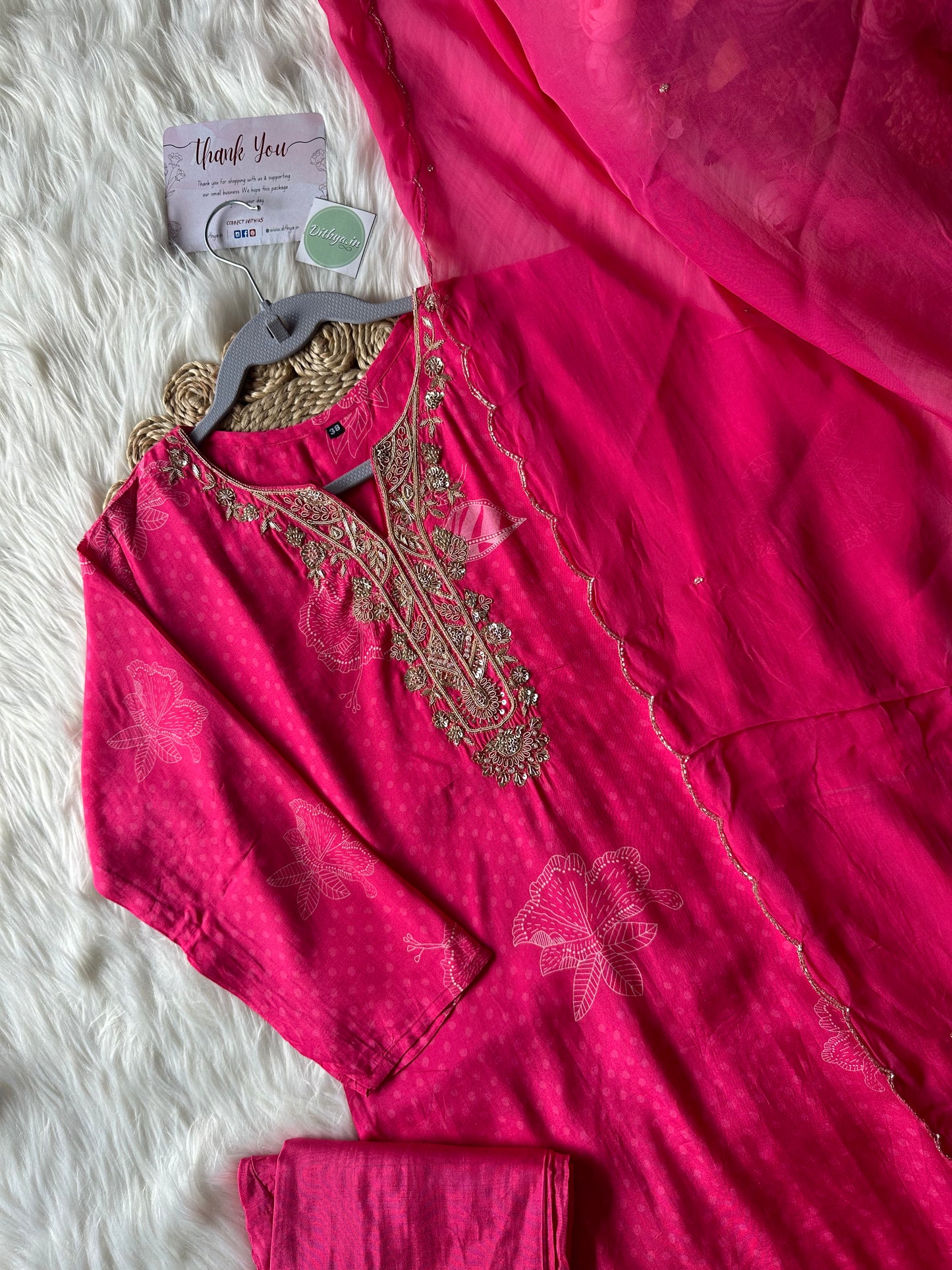 K308-Muslin silk kurti with pants and dupatta