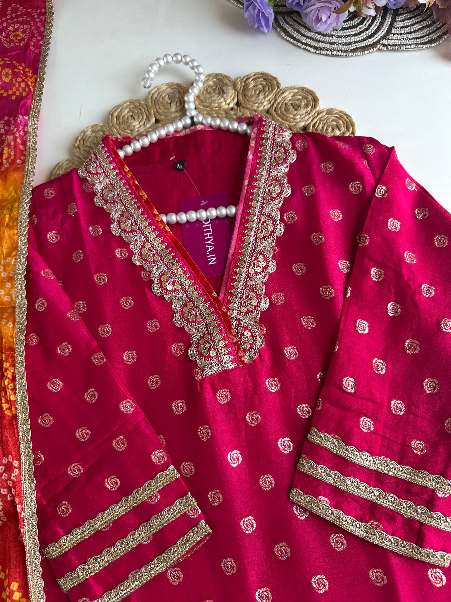 K109 - Jacquard silk straight kurti with pants and dupatta