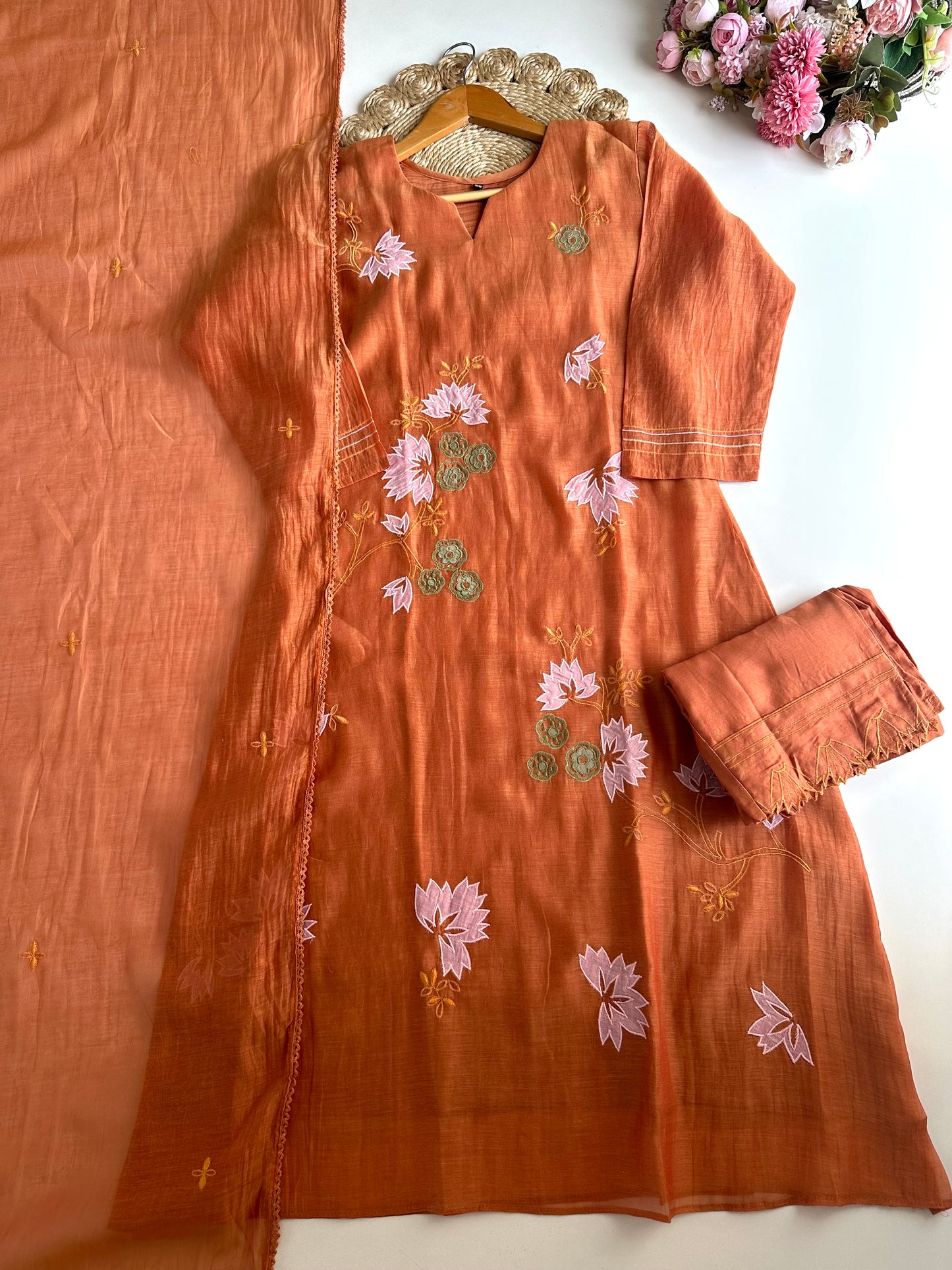 K425 - Mul Chanderi appliqué work Aline Kurti with pants and dupatta