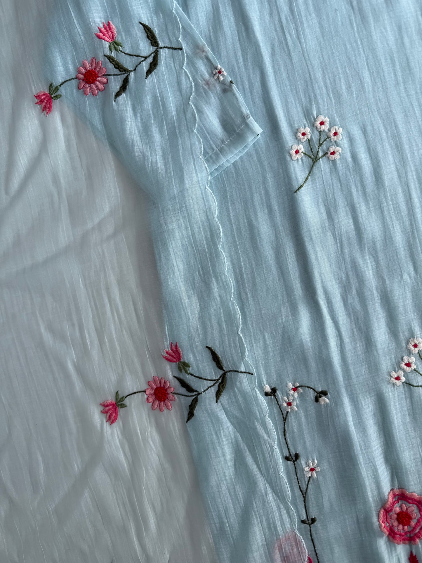 Mul Chanderi embroidered straight Kurti with pants and dupatta