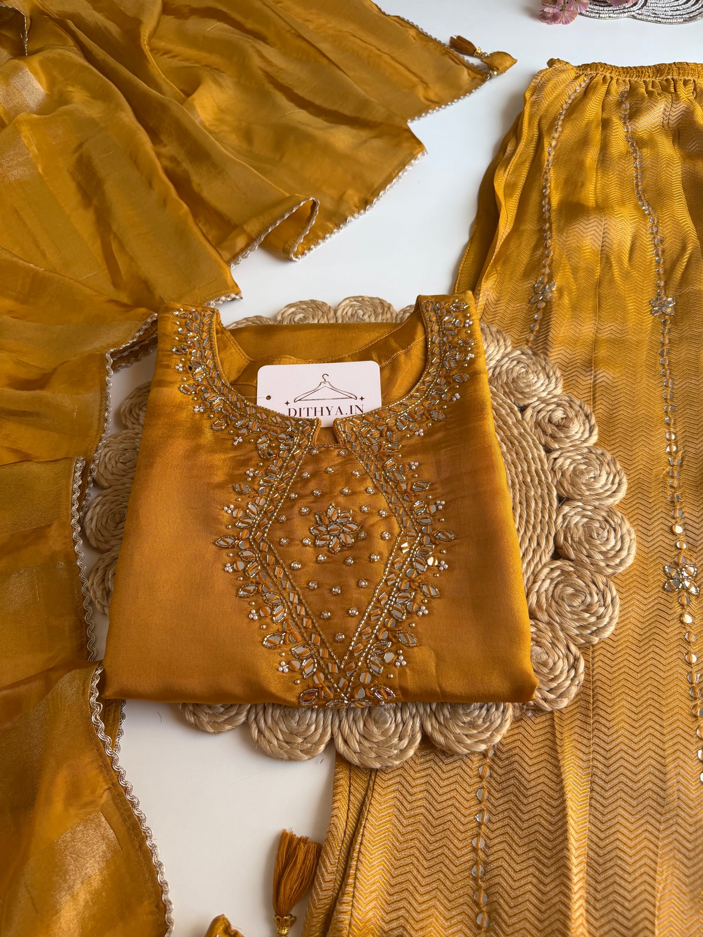 K553 - Tissue silk handwork short Kurti with divider pants and dupatta