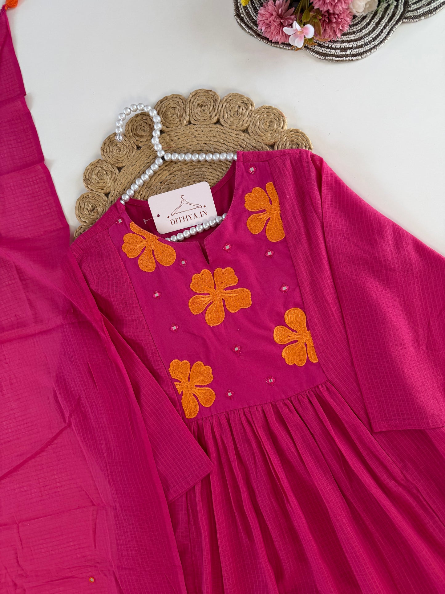 K634 - Mul cotton embroidered Aline Kurti with pants and dupatta