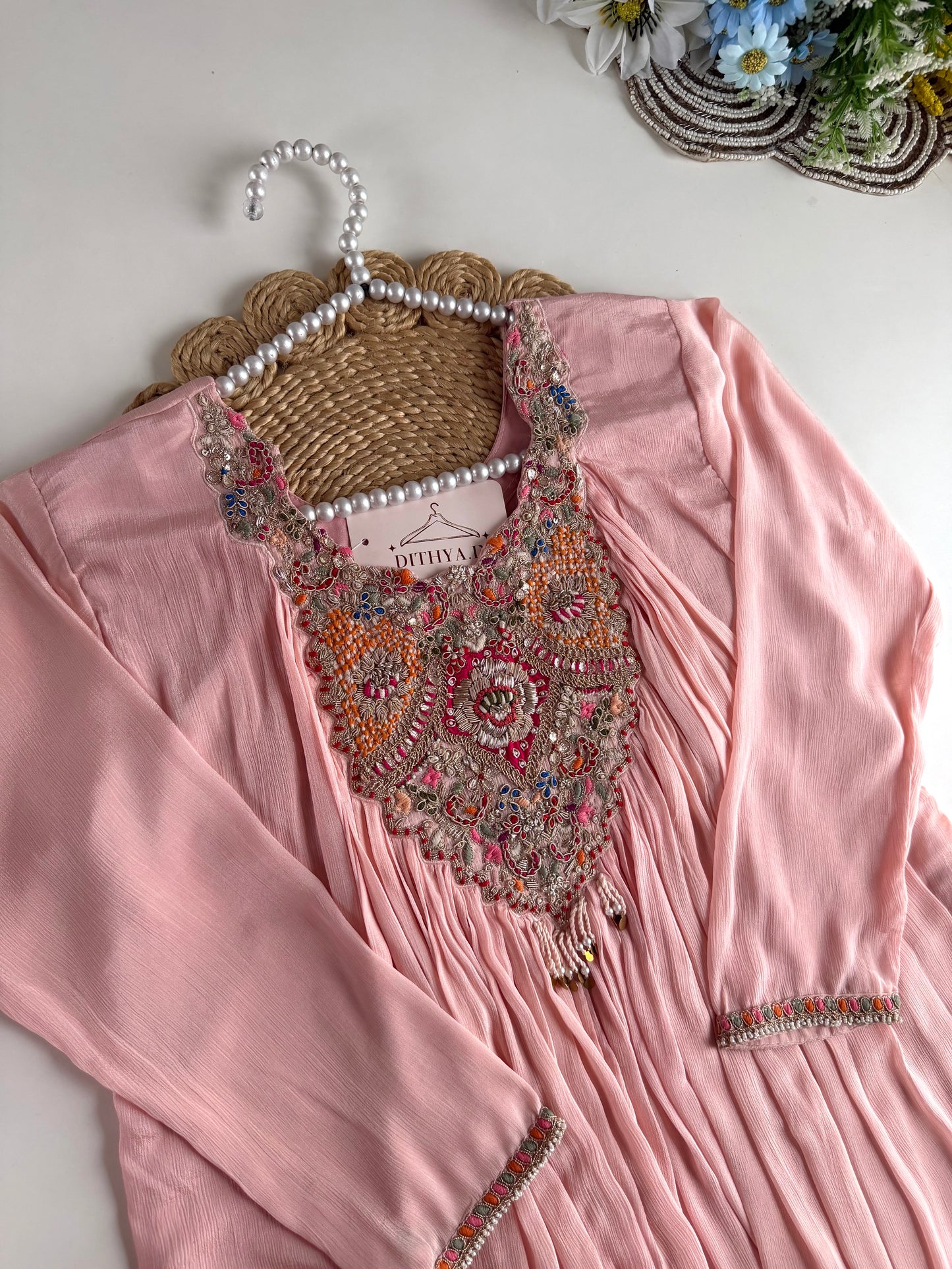 K547 - Chinnon handwork Peplum Kurti with divider pants