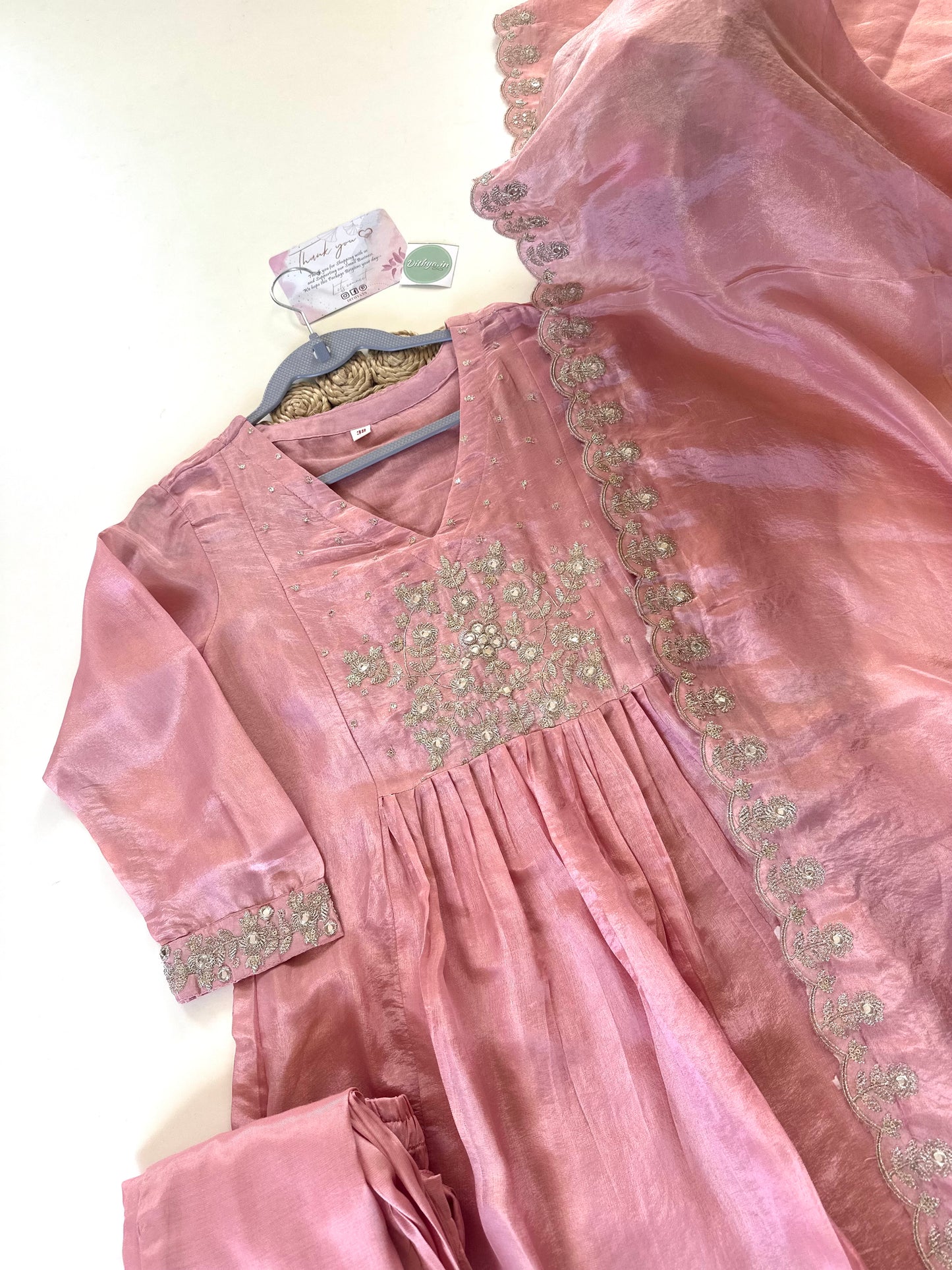 K074 - Tissue silk Aline Anarkali with pants and dupatta.