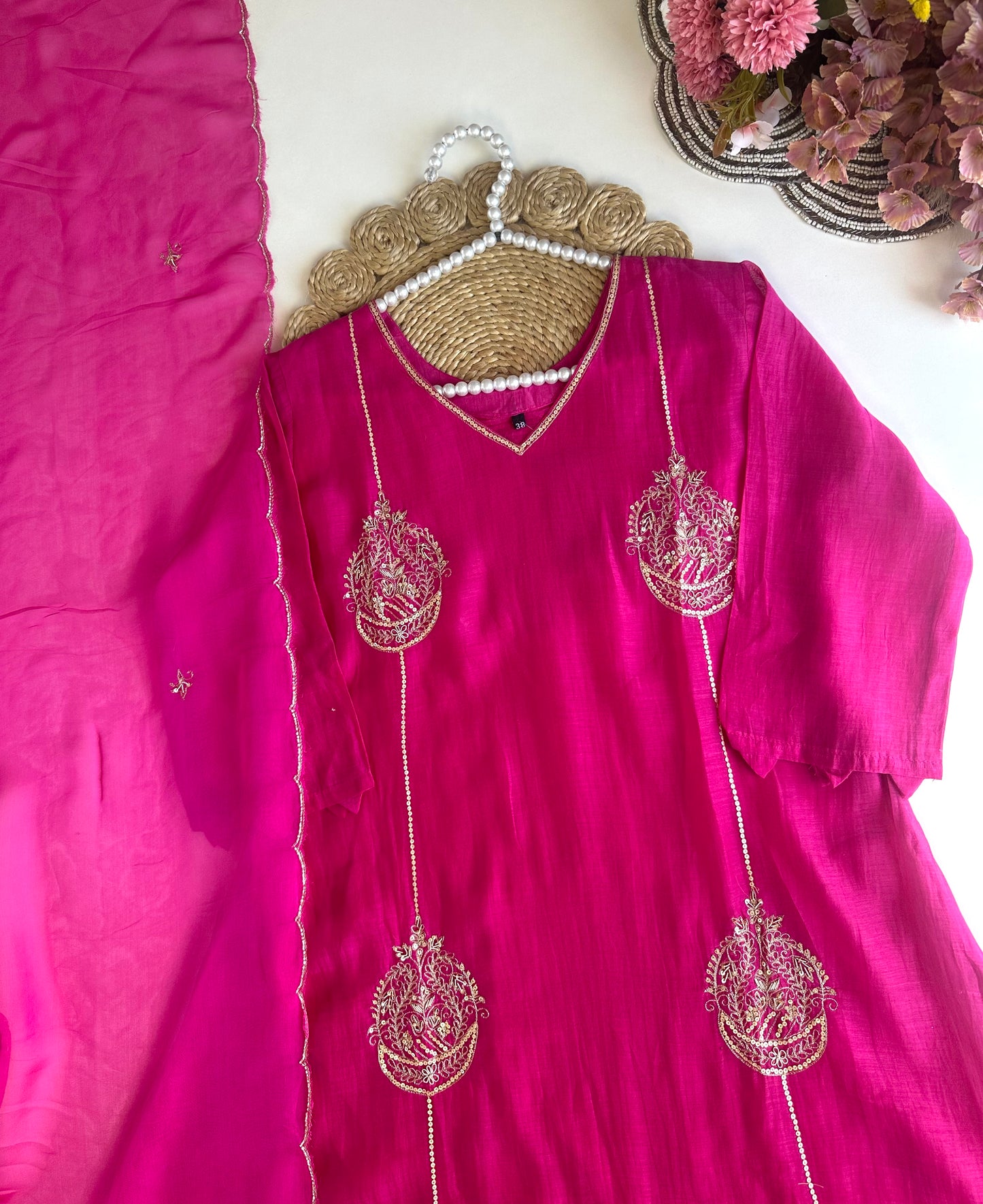 K460 - Mul Chanderi zardosi work Aline Kurti with pants and dupatta