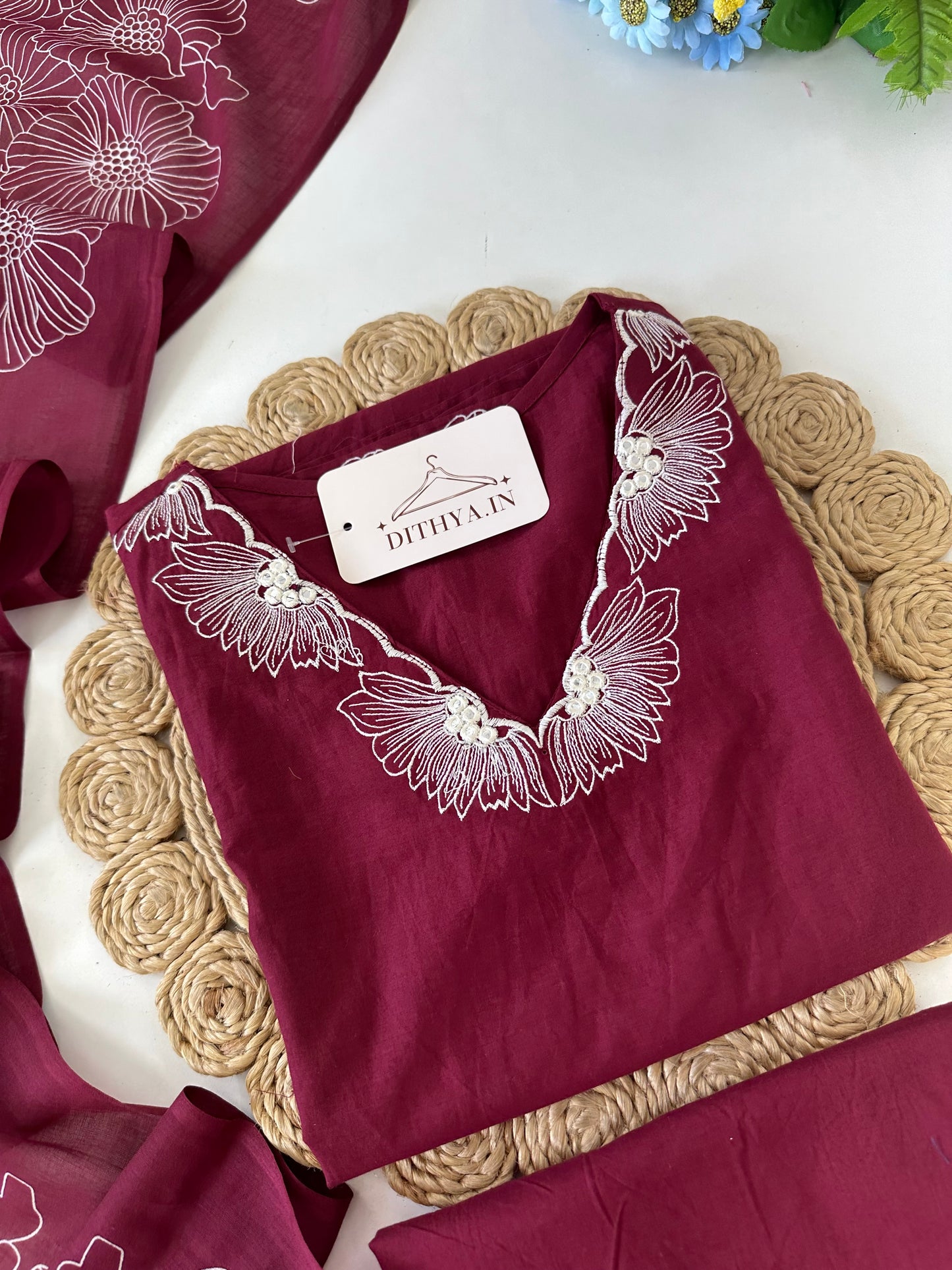 K075 - Mul cotton embroidered straight Kurti with pants and dupatta