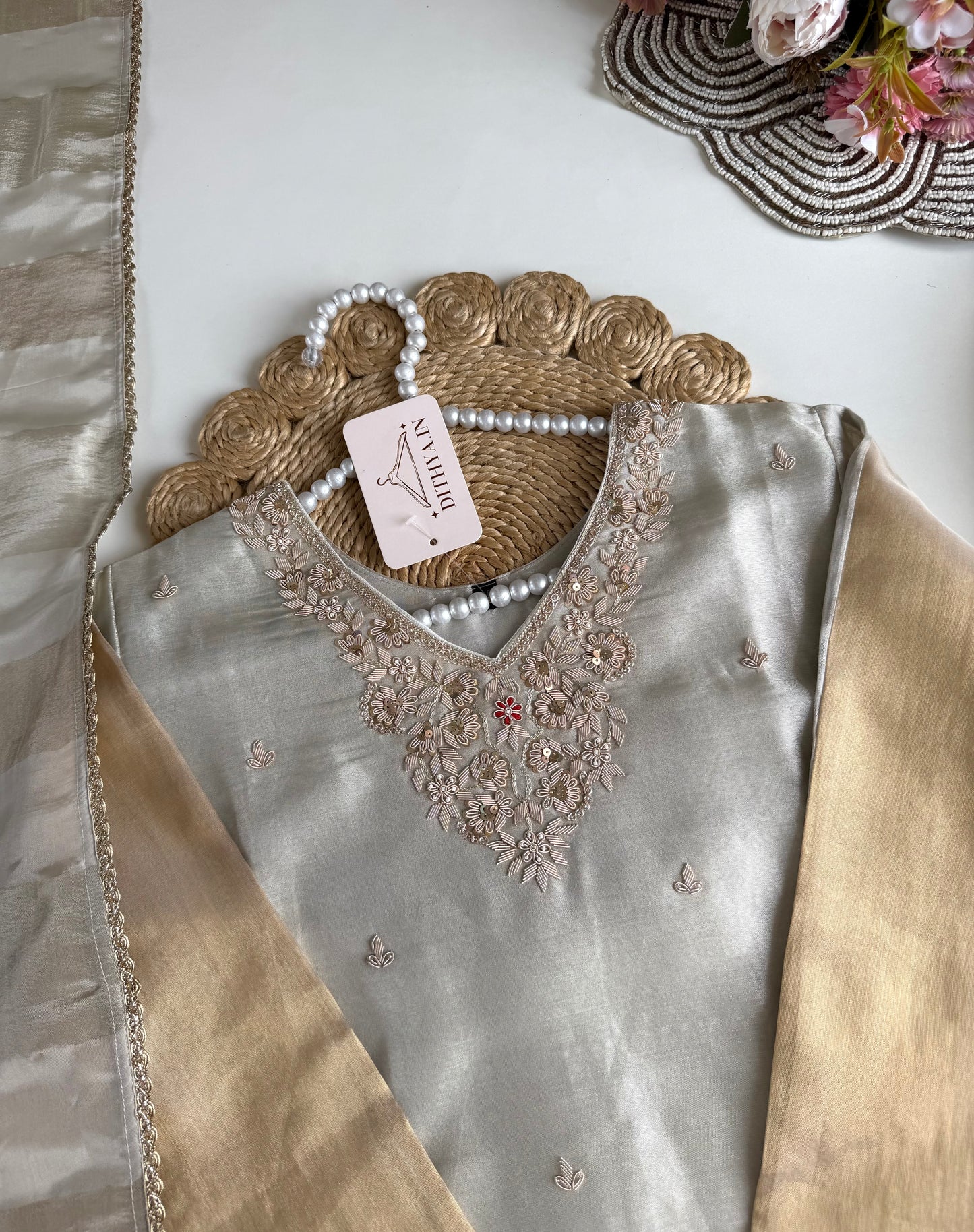 K570 - Tissue silk handwork short Kurti with divider pants and dupatta
