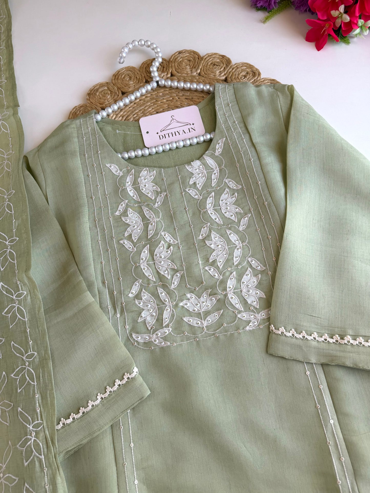 K361 - Muslin cotton embroidered Aline Kurti with pants and dupatta