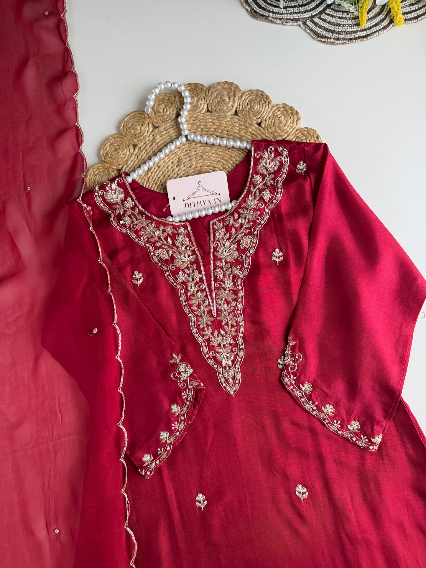 K206 - Russian silk handwork aline Kurti with pants and dupatta