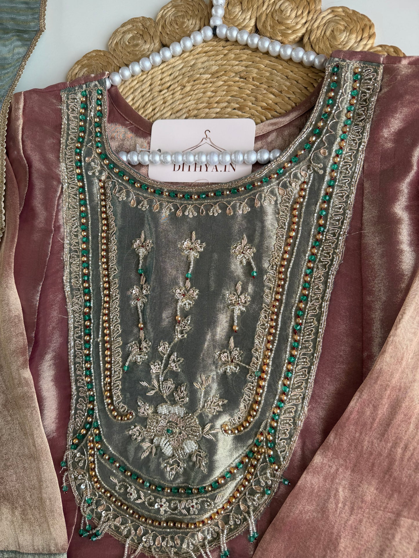 K470 - Tissue silk handwork Anarkali with pants and dupatta