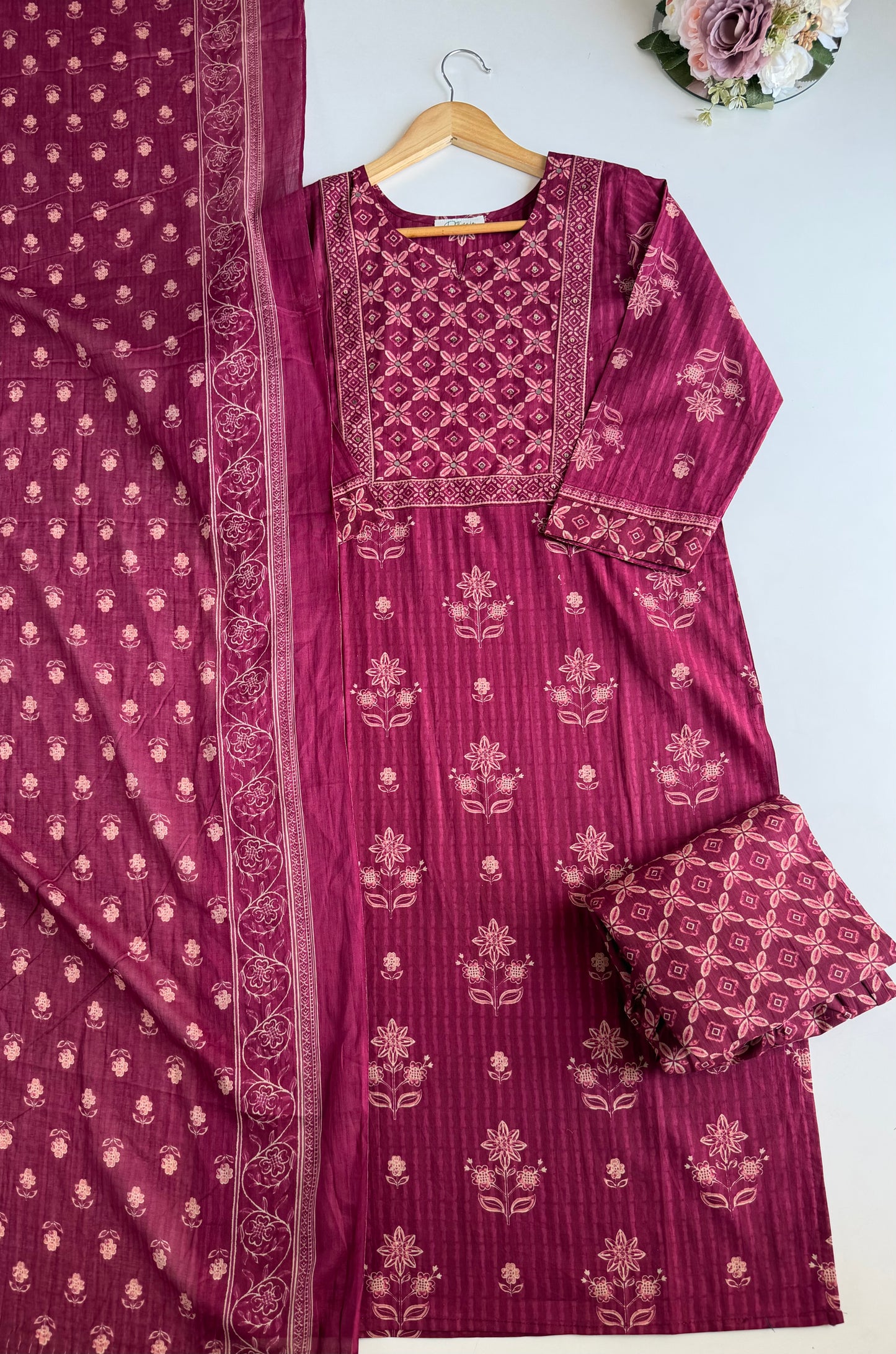 K571 - Mul cotton embroidered straight Kurti with pants and dupatta