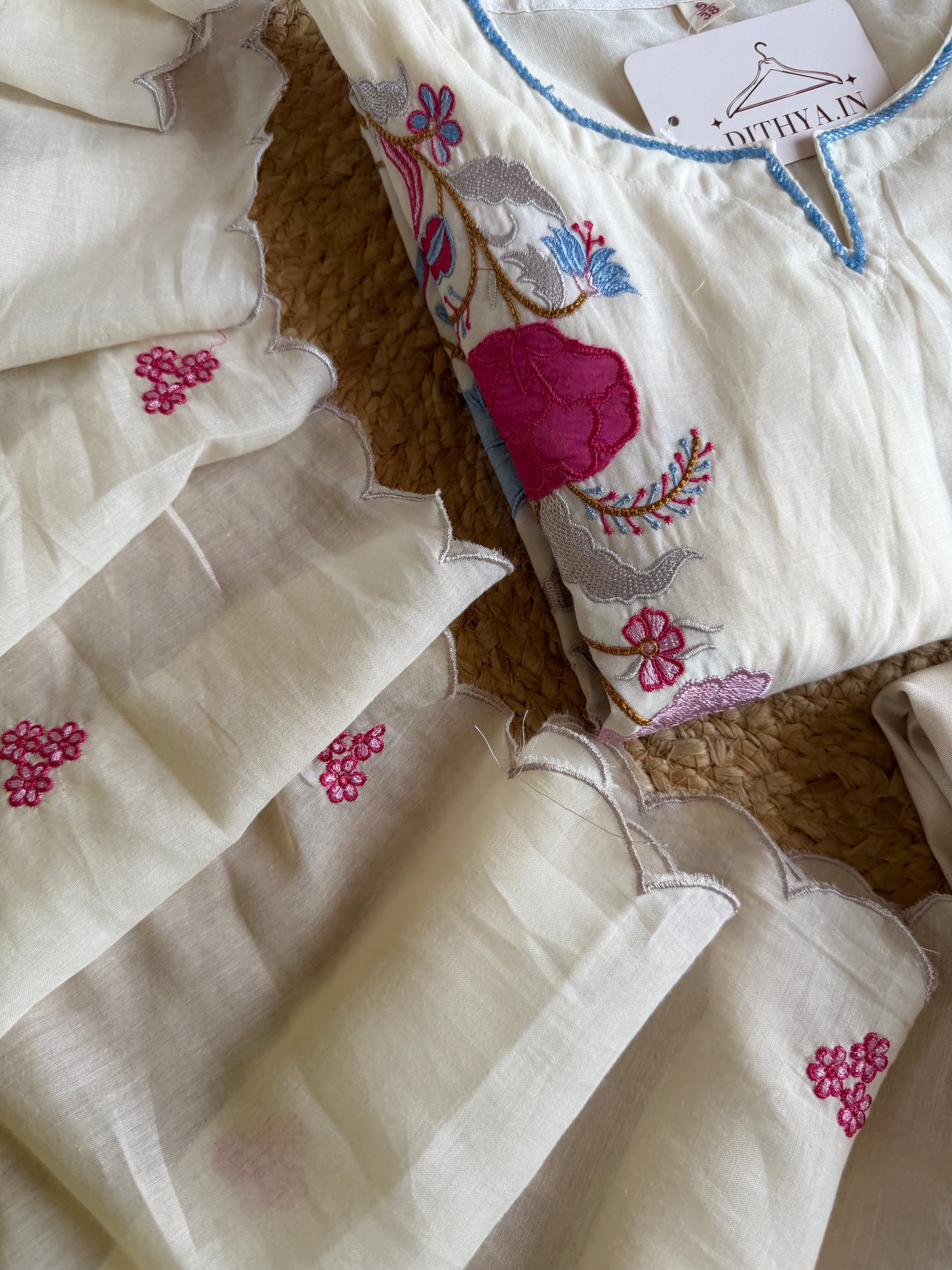 K177 - Mul chanderi appliqué work straight Kurti with pants and dupatta