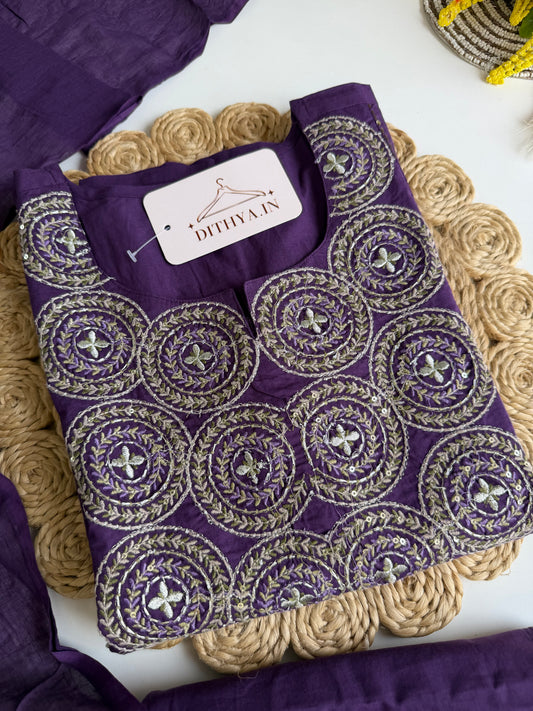 K528 - Mul cotton embroidered aline Kurti with pants and dupatta