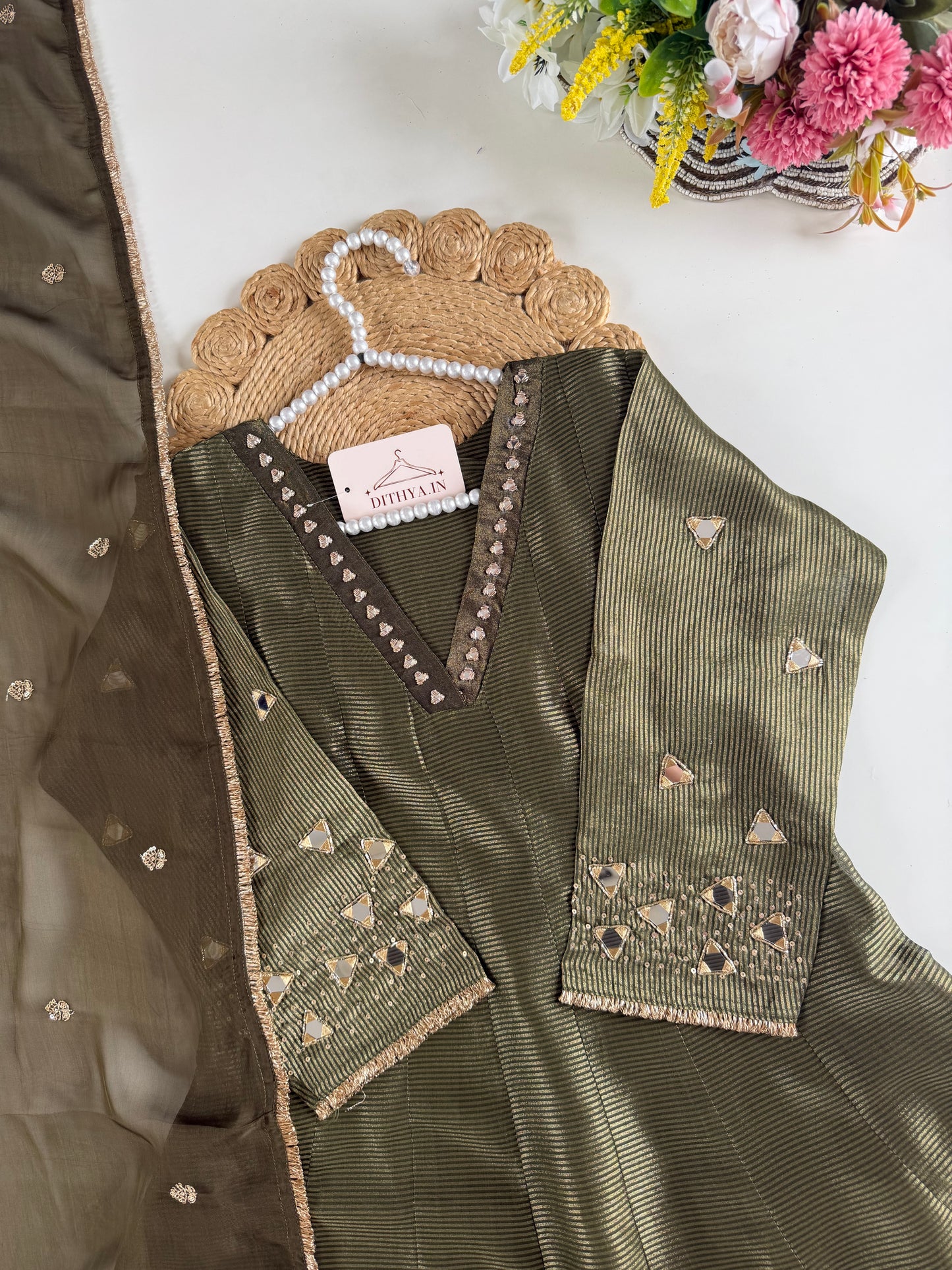 K432 - Tissue silk handwork Anarkali with pants and dupatta
