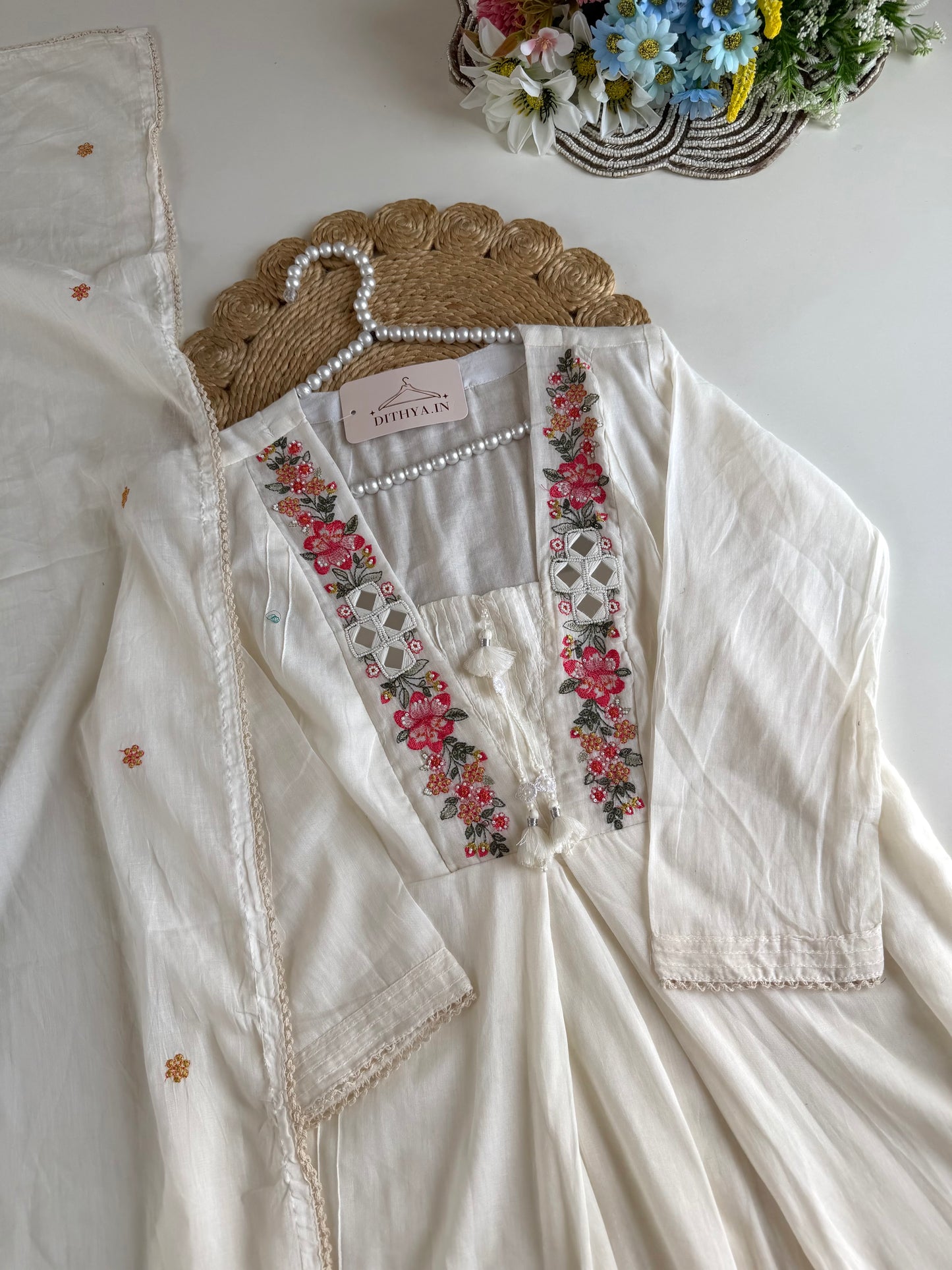 K629 - Mul cotton embroidered Aline Kurti with pants and dupatta