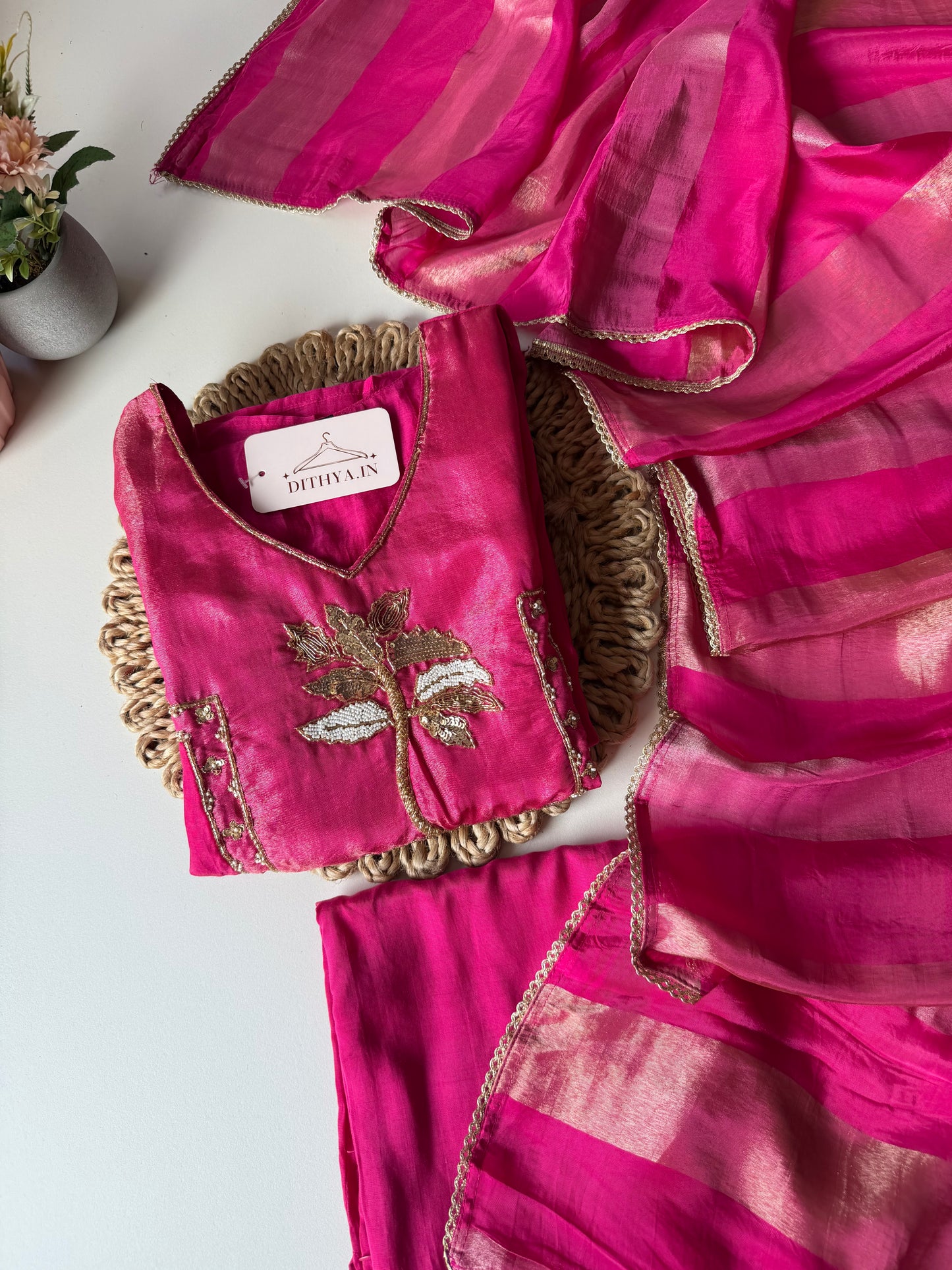 K545 - Mul chanderi handwork Anarkali with pants and dupatta