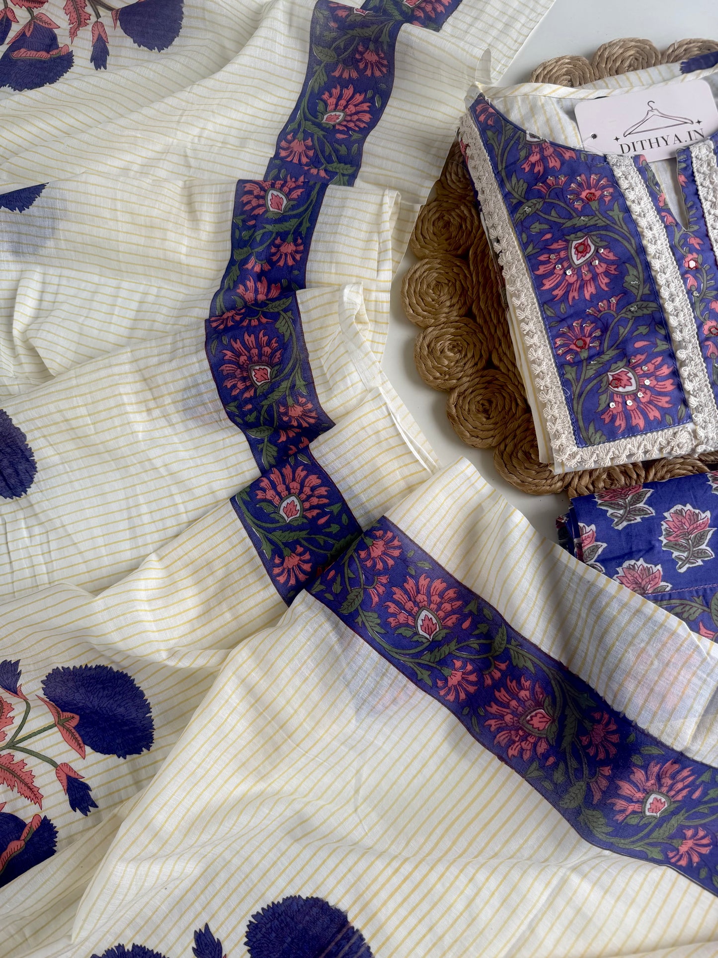K344 - Mul cotton embroidered Aline Kurti with pants and dupatta