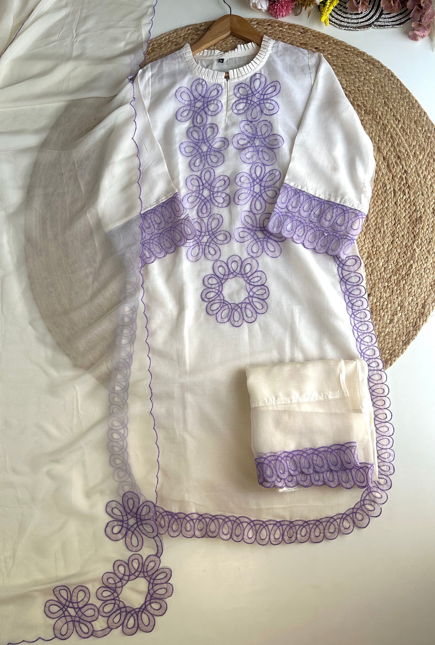 K462 - Chanderi silk embroidered straight Kurti with pants and dupatta