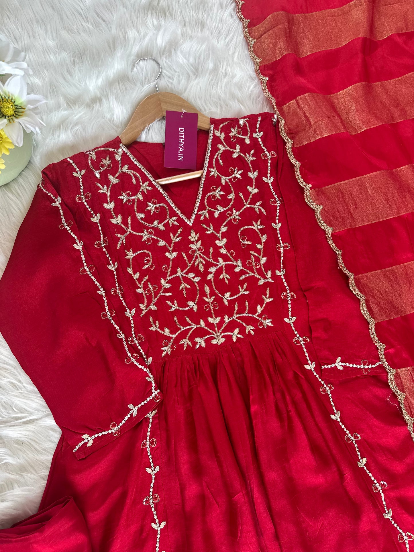 K419 - Russian silk handwork Aline Kurti with pants and dupatta
