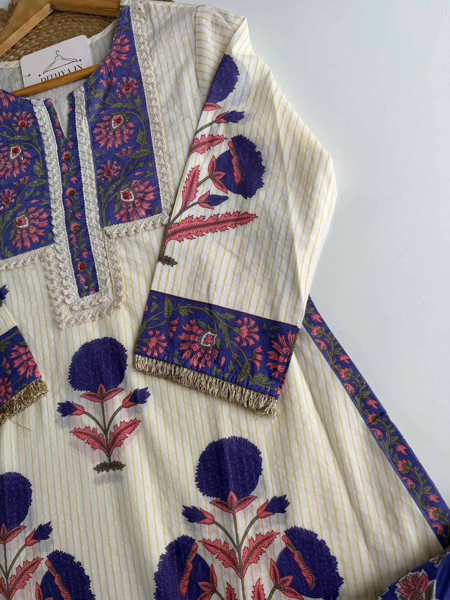 K344 - Mul cotton embroidered Aline Kurti with pants and dupatta