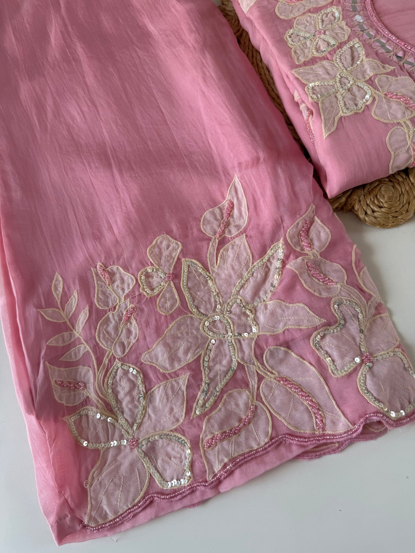 K046 - Viscose organza appliqué handwork short Kurti with divider pants and dupatta