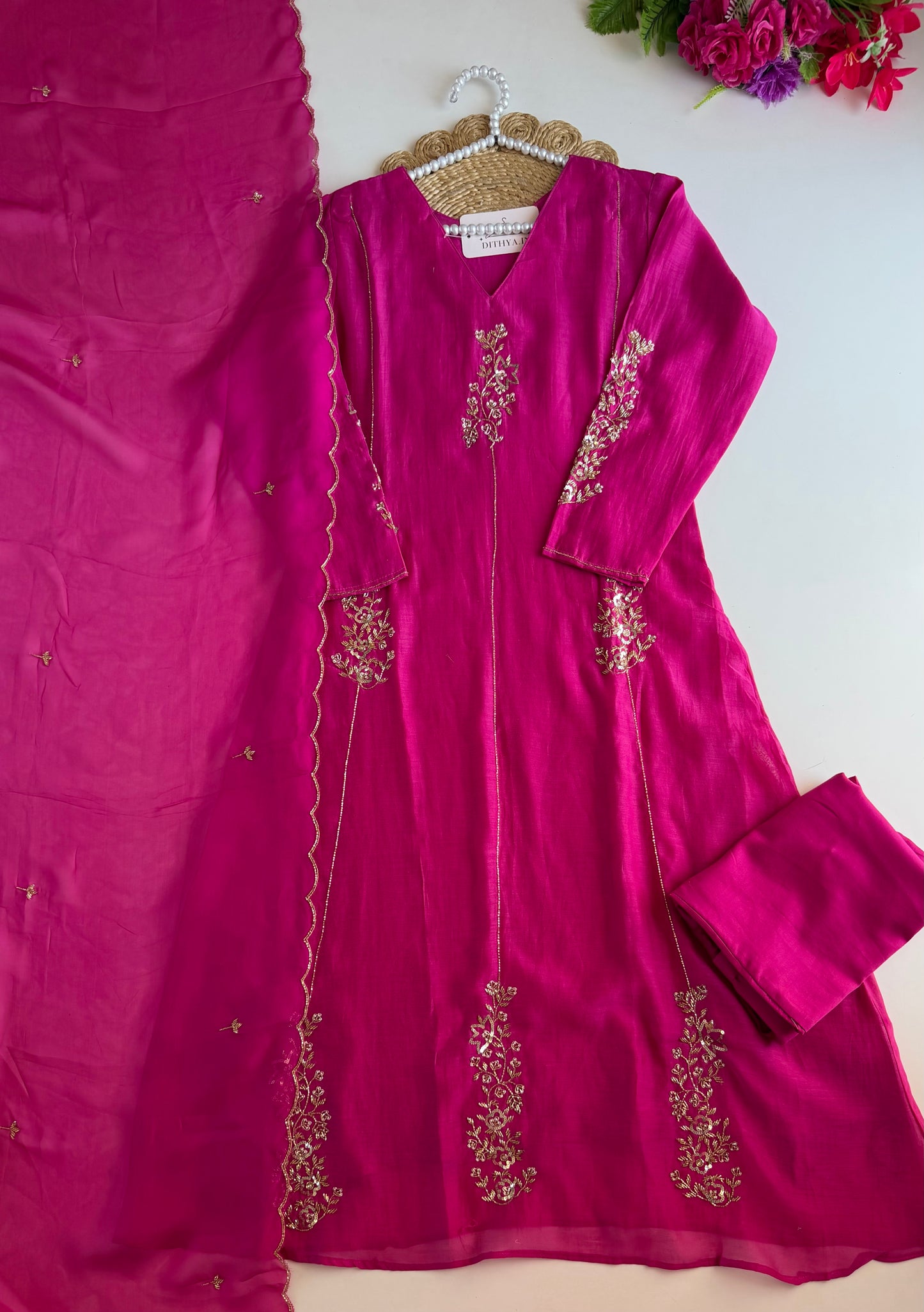 K616 - Mul chanderi handwork Aline Kurti with pants and dupatta