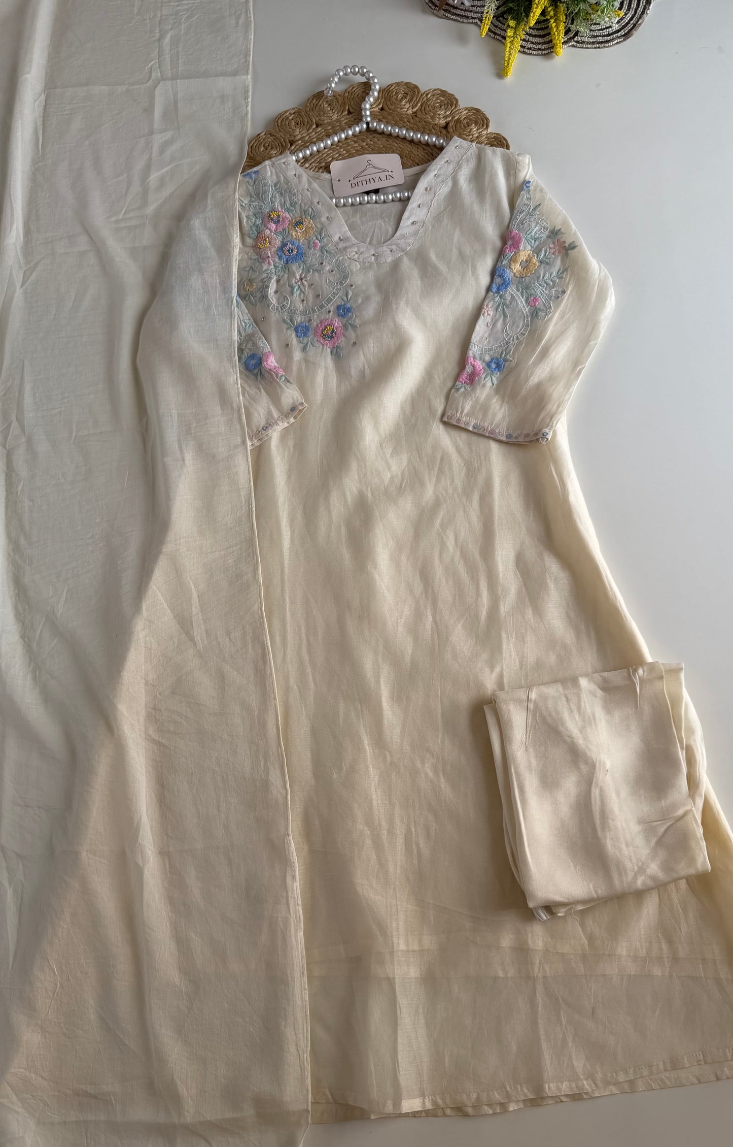 K682 - Mul cotton embroidered Aline Kurti with pants and dupatta