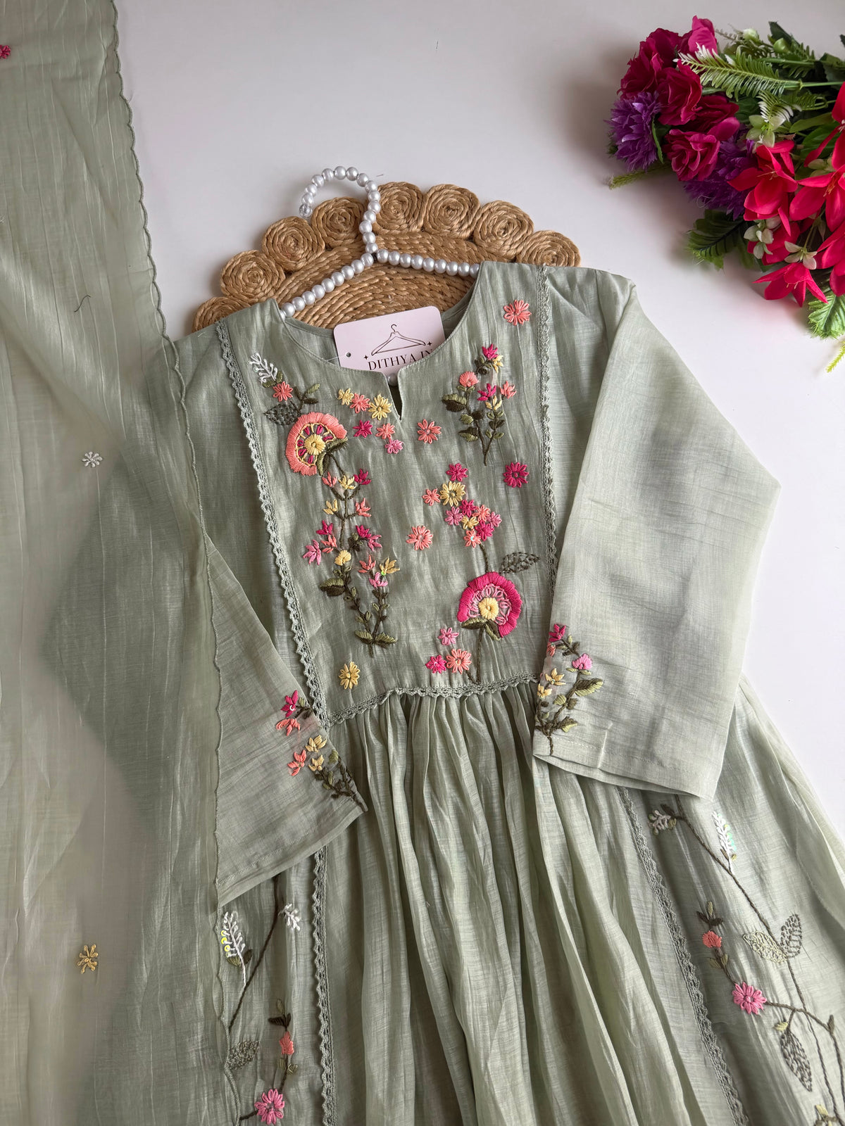 K542 - Mul chanderi embroidered Anarkali with pants and dupatta