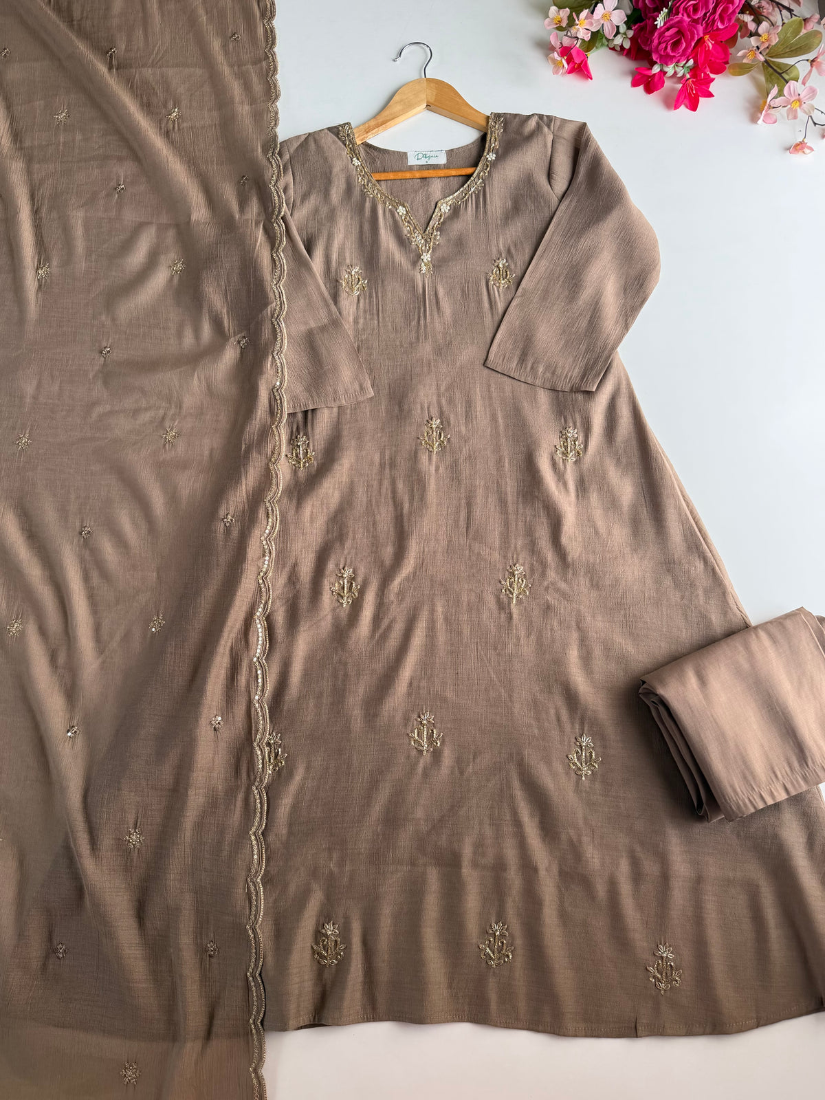 K030 - Surat Mul chanderi handwork aline Kurti with pants and dupatta