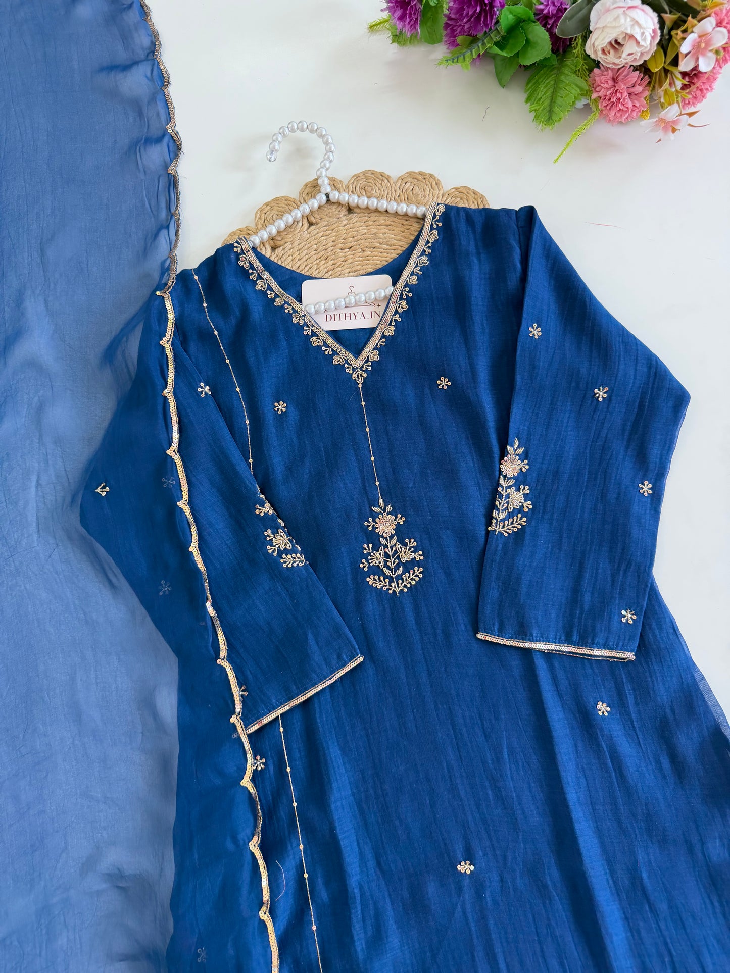K195 - Mul chanderi handwork aline Kurti with pants and dupatta