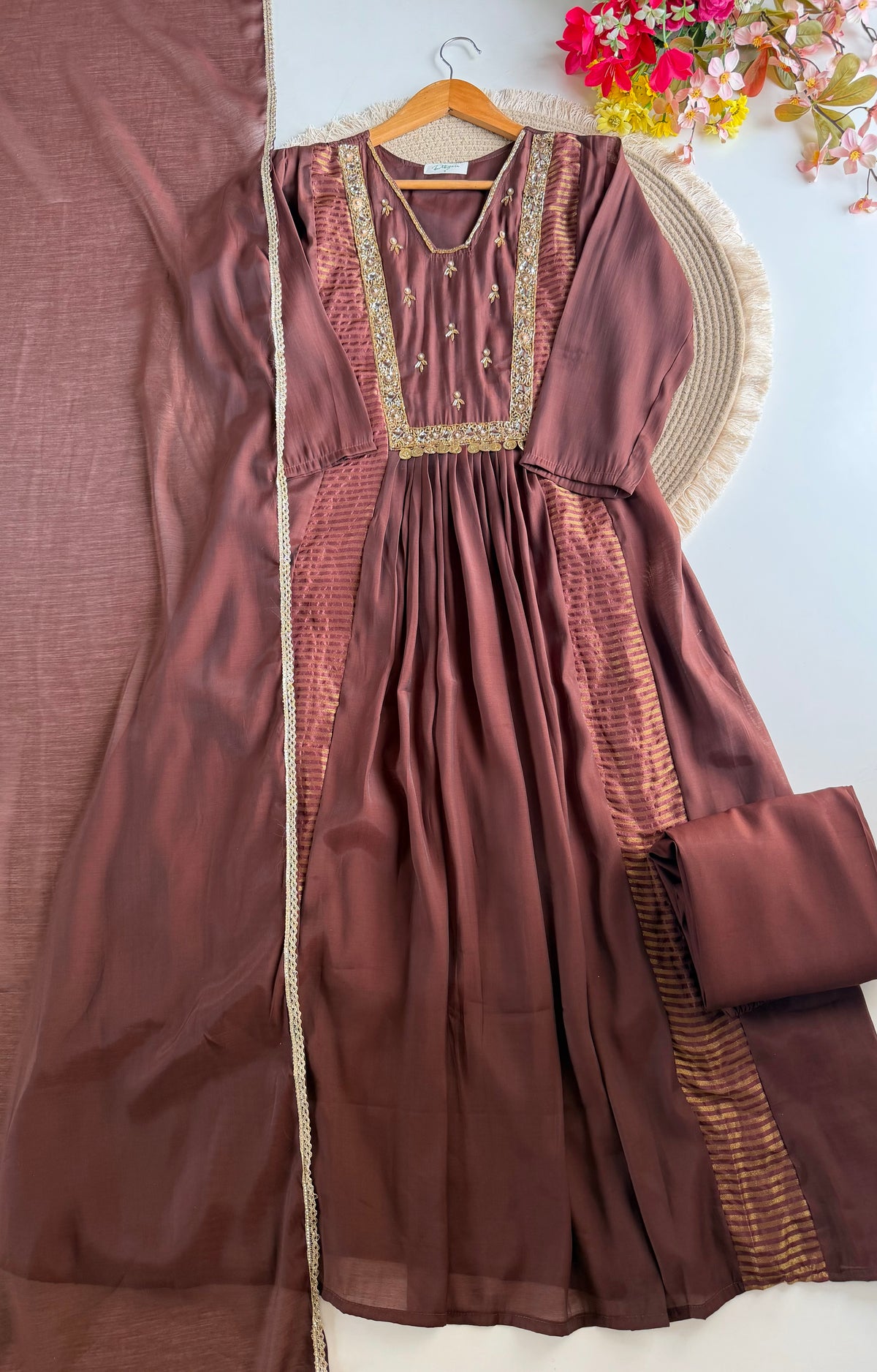 K039 - Surat Mul chanderi handwork Anarkali with pants and dupatta