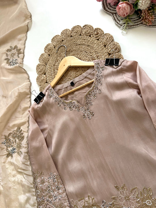 K207 - Russian silk handwork Kurti with palazzo and dupatta in 2 colours.