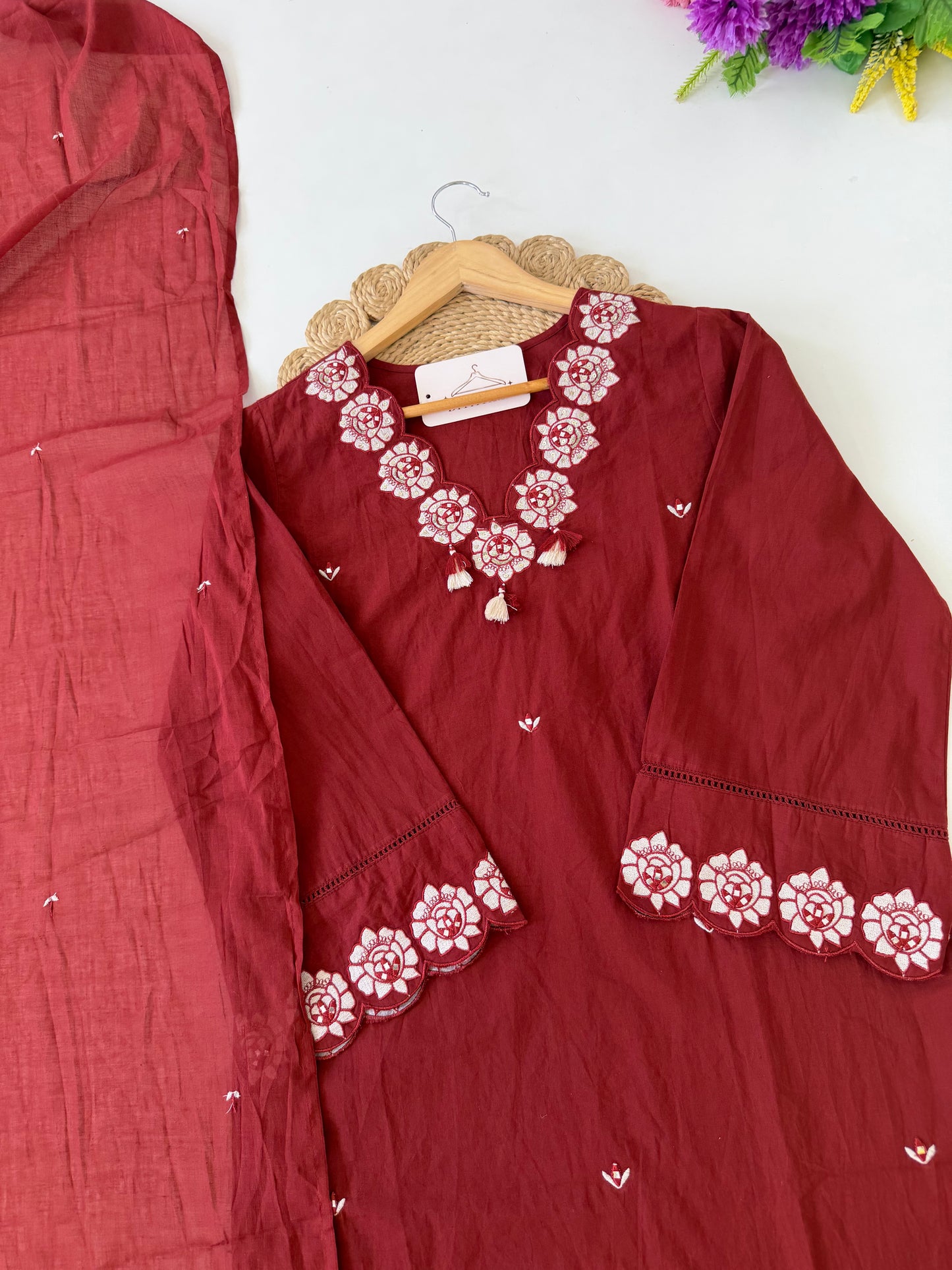 K146 - Mul cotton embroidered straight Kurti with pants and dupatta