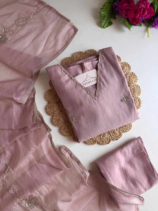 K245 - Mul chanderi handwork aline Kurti with pants and dupatta