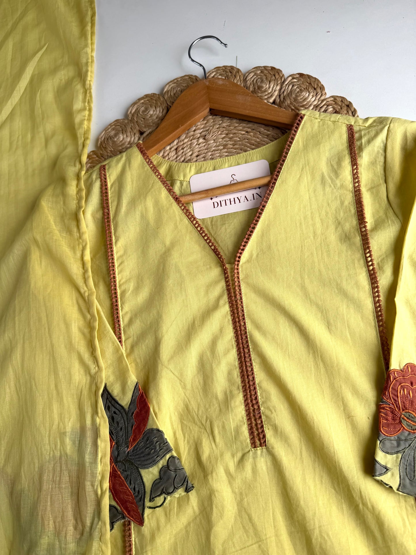 K256 - Mul cotton embroidered Aline Kurti with pants and dupatta