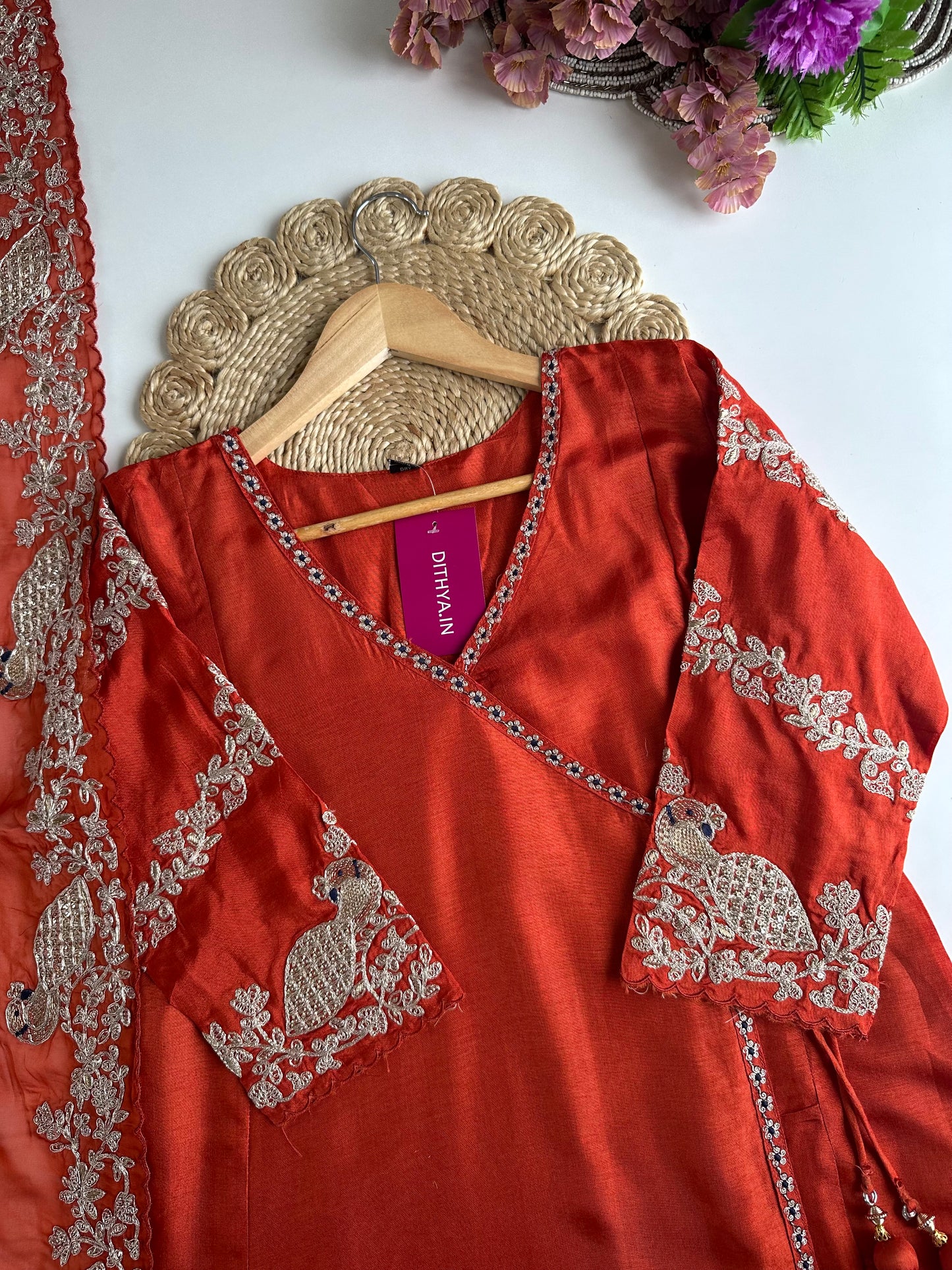 K035 - Russian silk zari work Angrakha Anarkali with pants and dupatta
