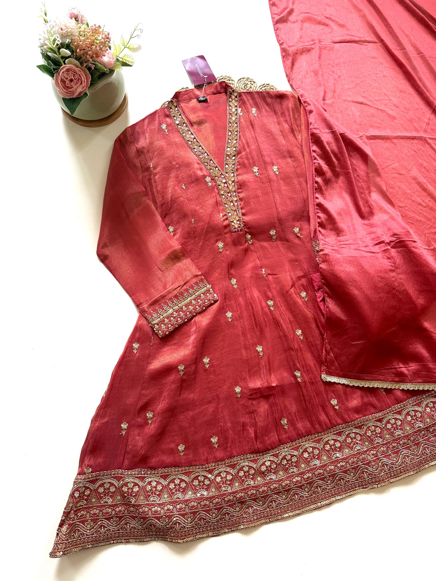 K049 - Short Aline Tissue silk Anarkali with pants and dupatta .