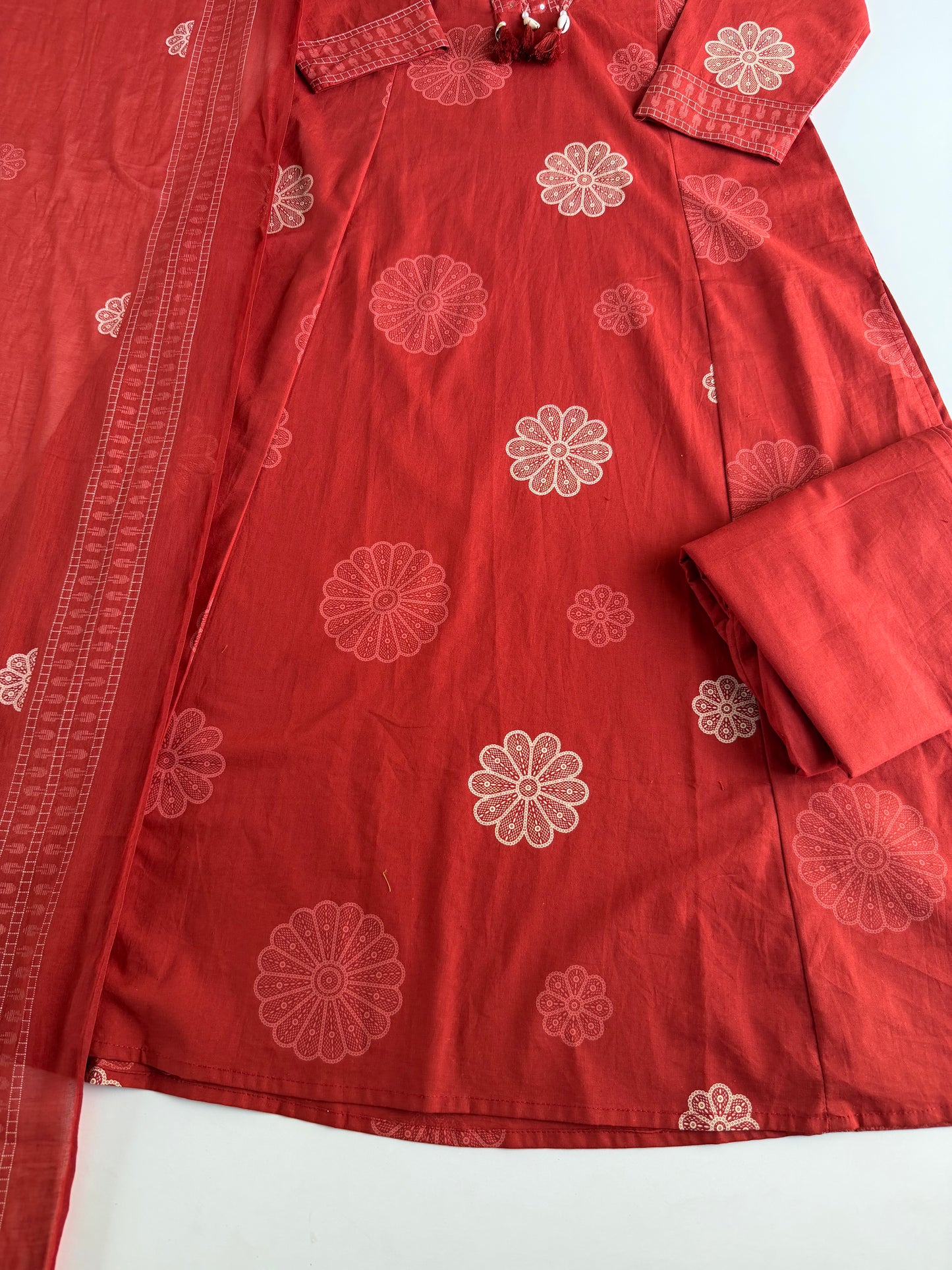 K657 - Mul cotton embroidered Aline Kurti with pants and dupatta in 2 colours