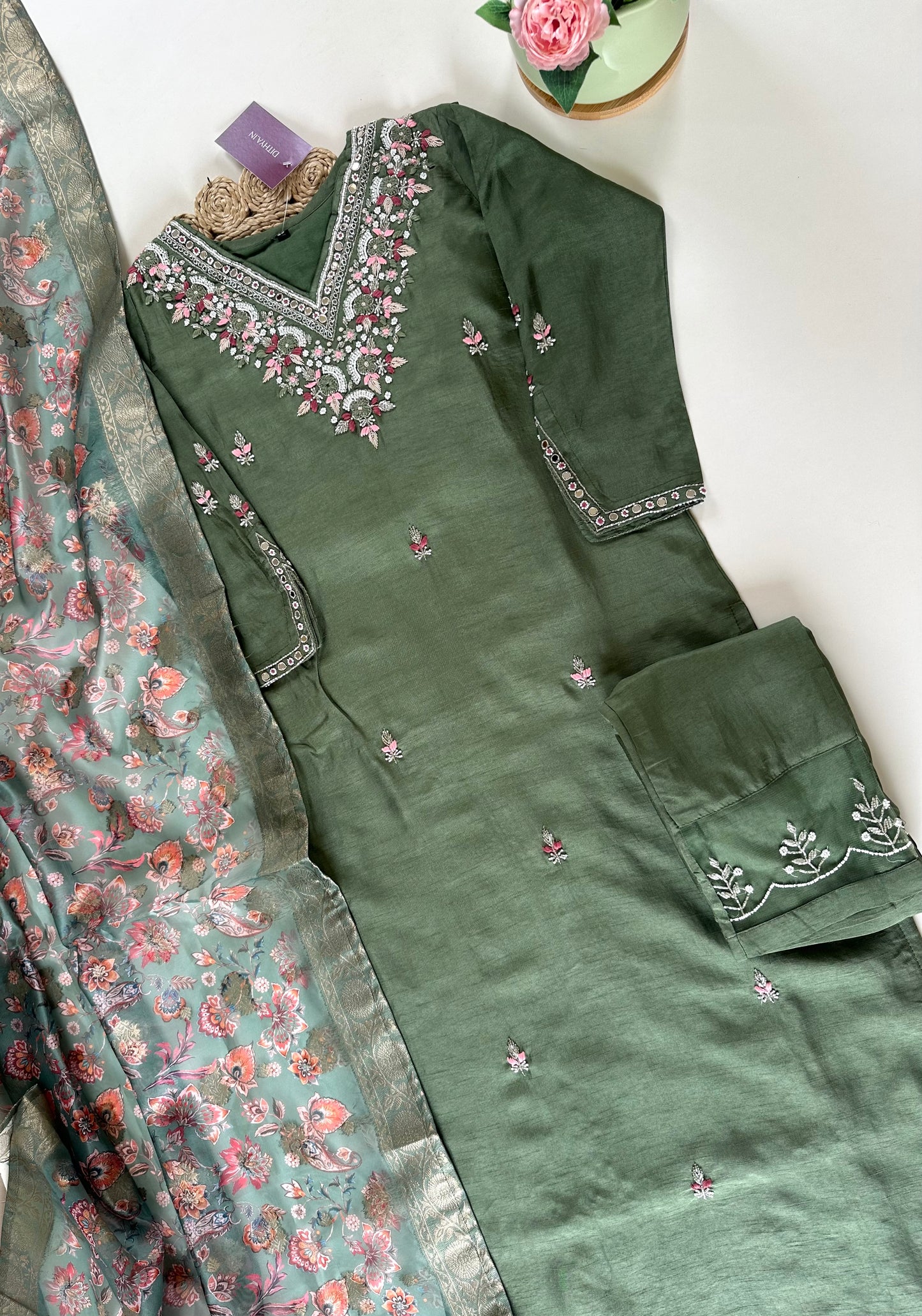 K131 - Russian silk Handwork straight kurti with pants and floral organza dupatta .