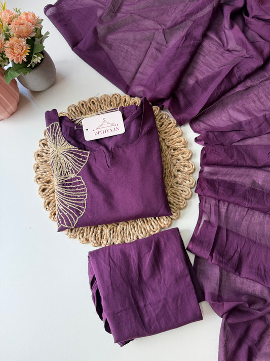 K582 - Cotton embroidery straight Kurti with pants and dupatta