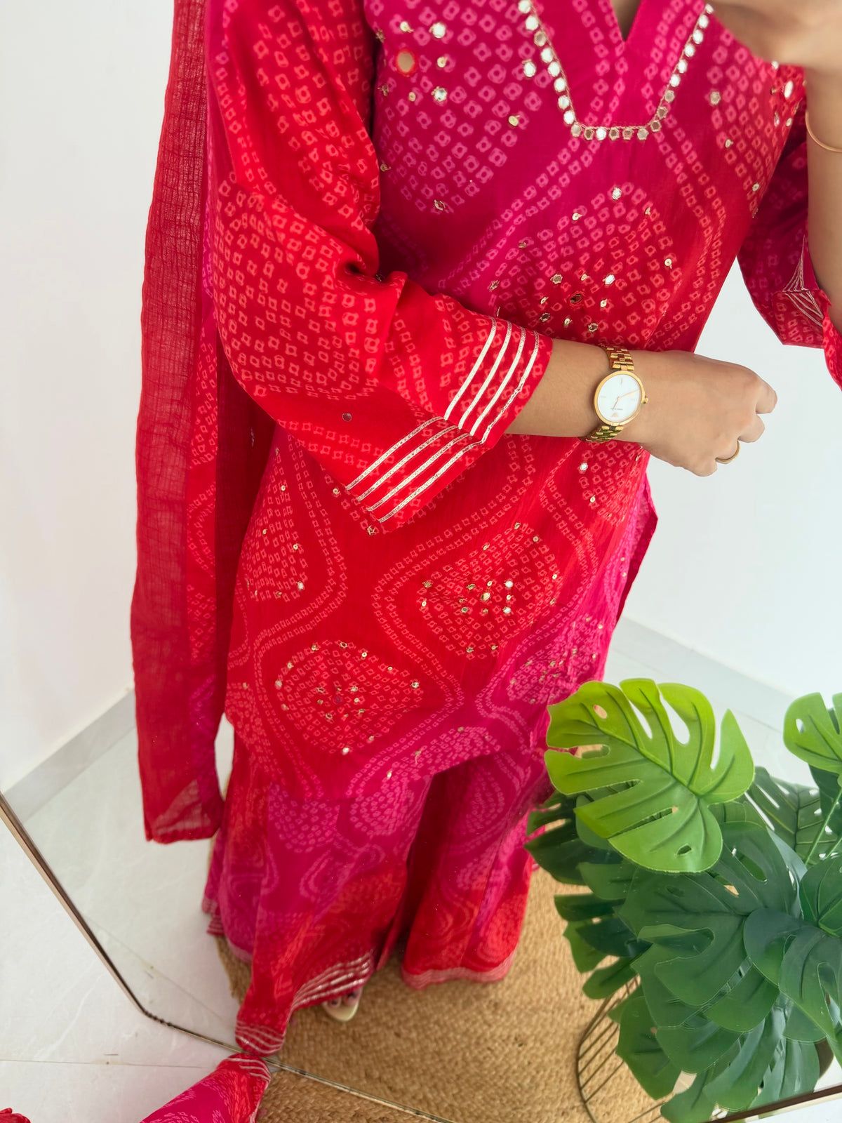 K090 - Mul cotton bandhini mirror work short Kurti with palazzo pants and dupatta