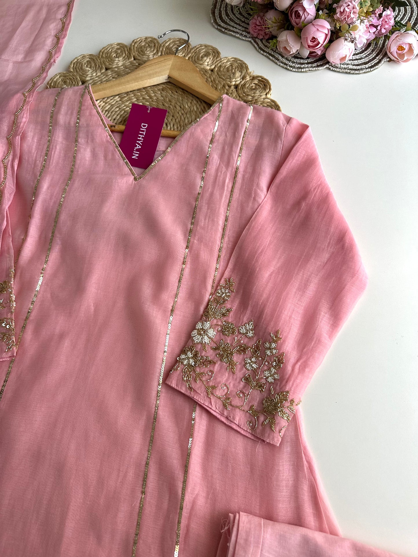 K070 - Mul Chanderi handwork Aline Kurti with pants and dupatta