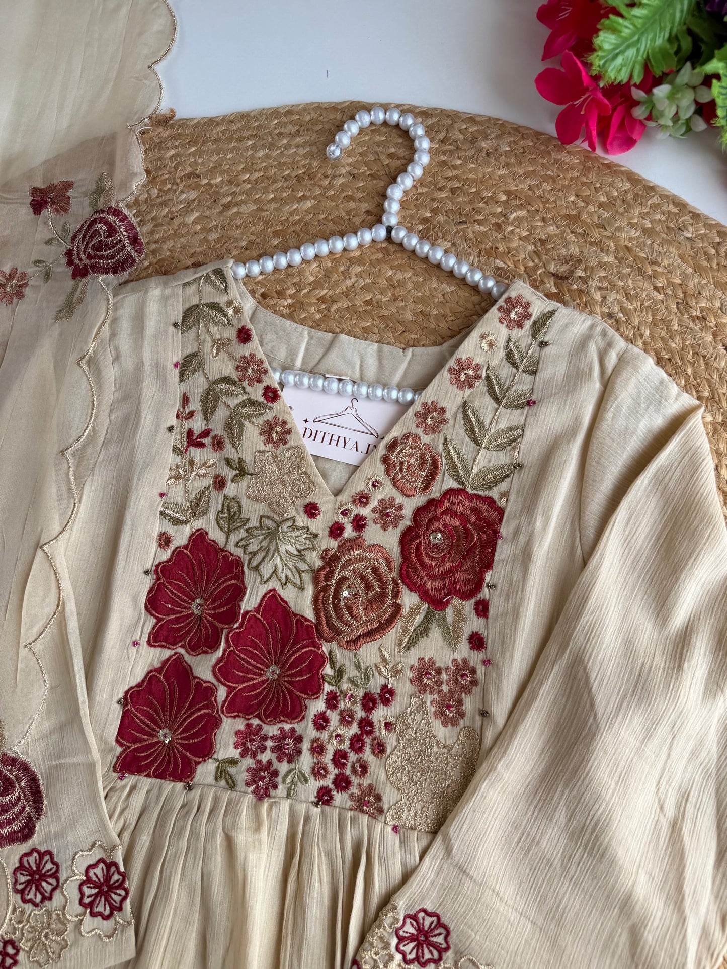 K445 - Crushed cotton embroidered Anarkali with pants and dupatta