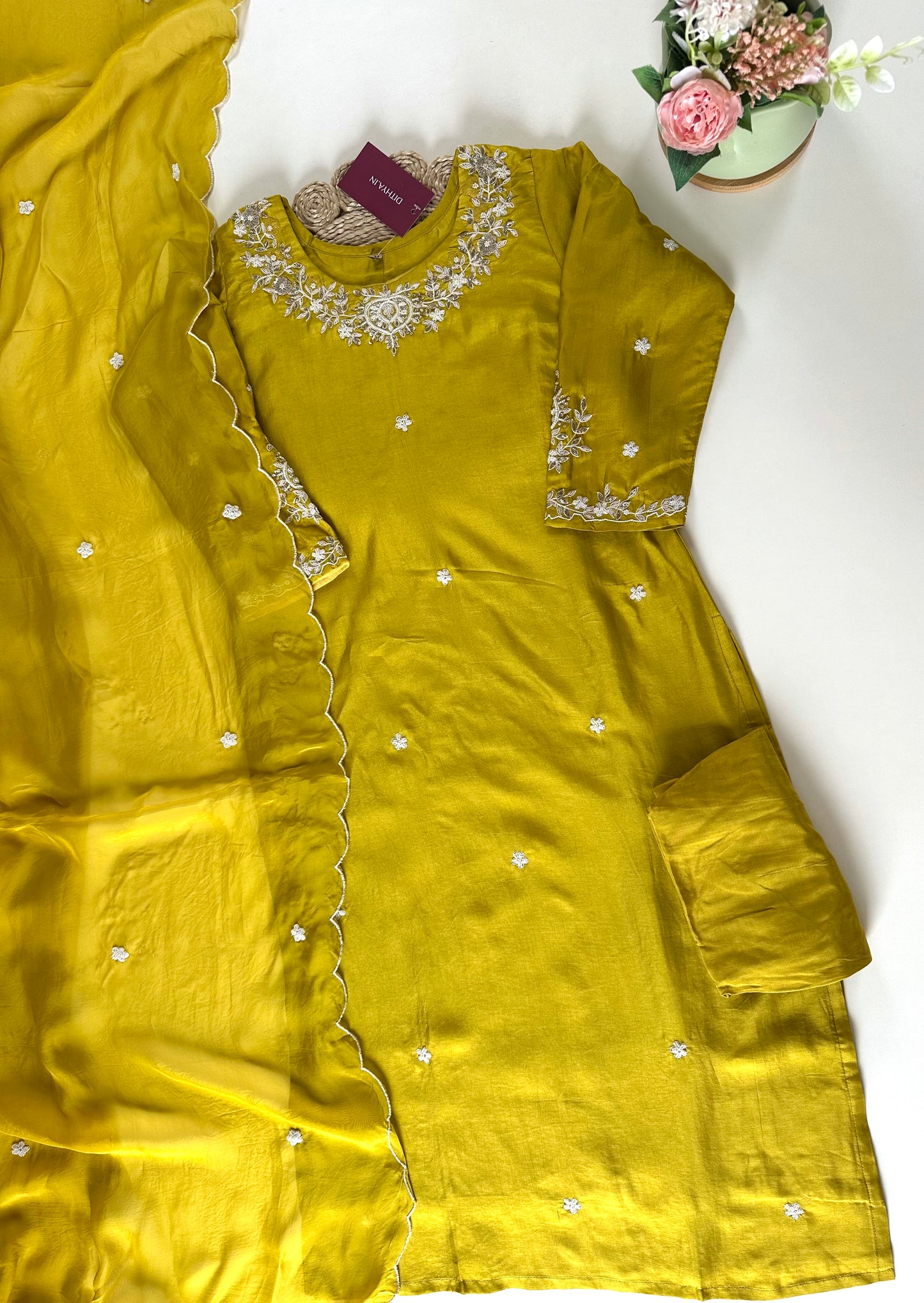 K018 - Zardosi work Russian silk straight kurti with pants and viscose organza dupatta.